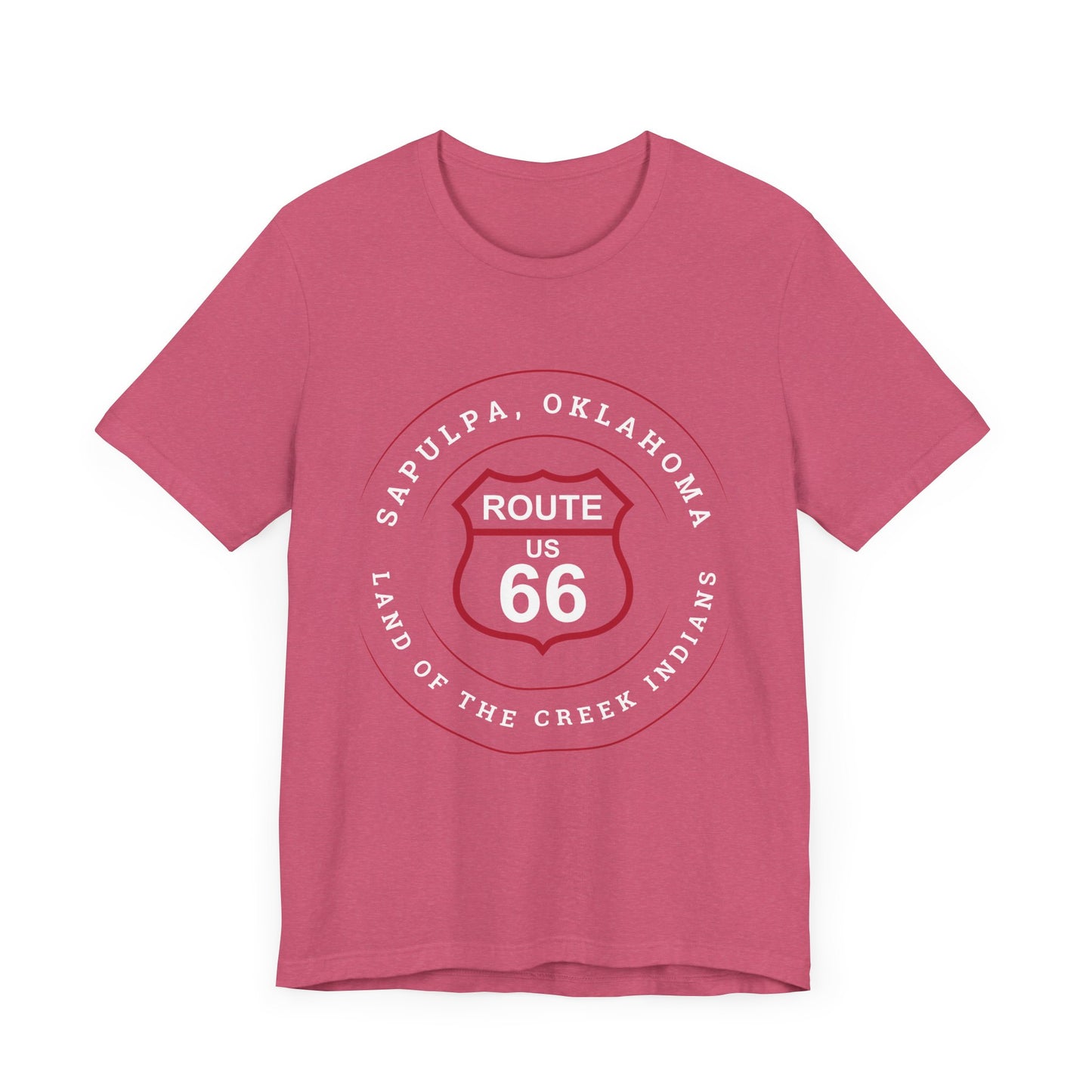 Heather raspberry retro Route 66 unisex jersey tee with Sapulpa, OK "Land of the Creek Indians" design