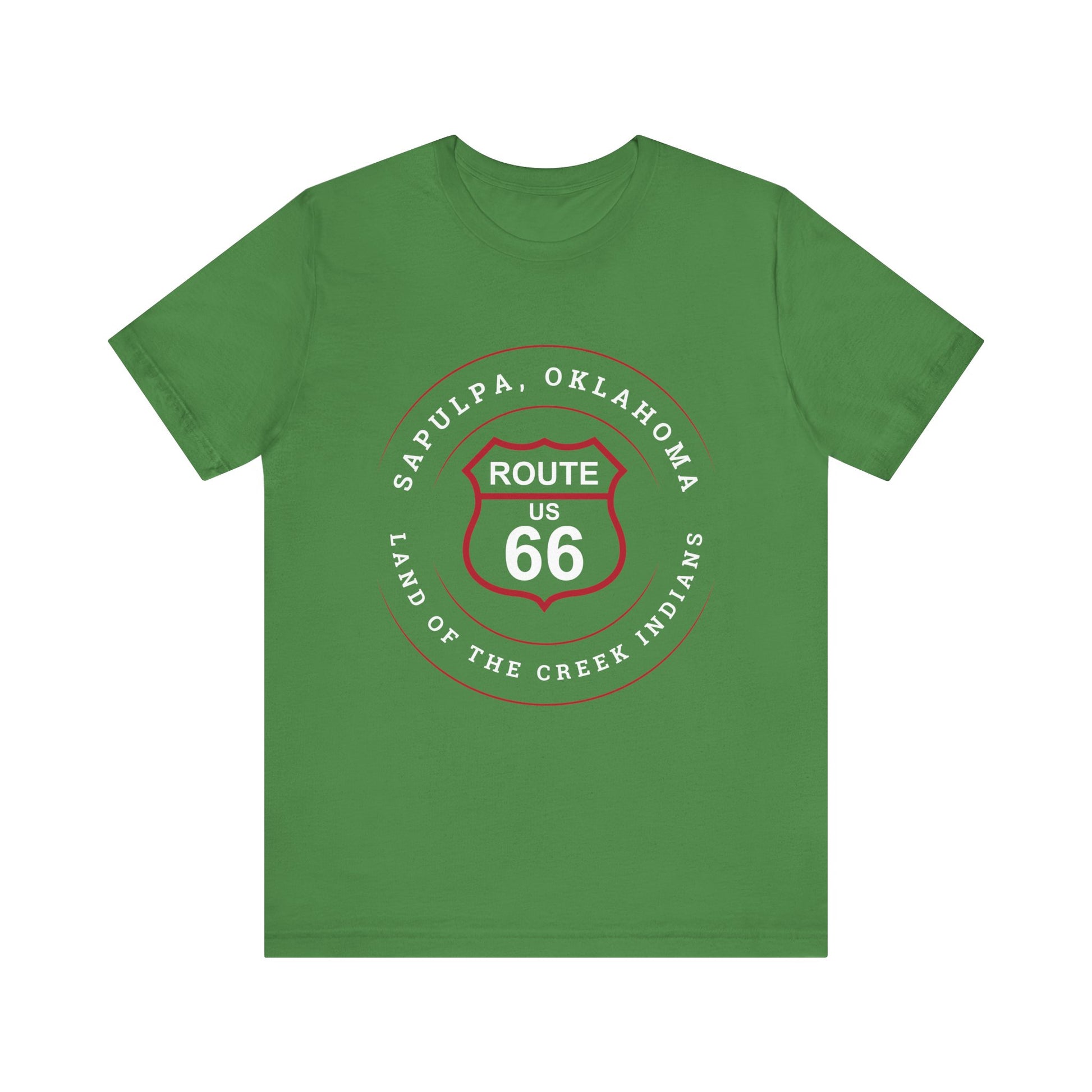 Leaf retro Route 66 unisex jersey tee with Sapulpa, OK "Land of the Creek Indians" design