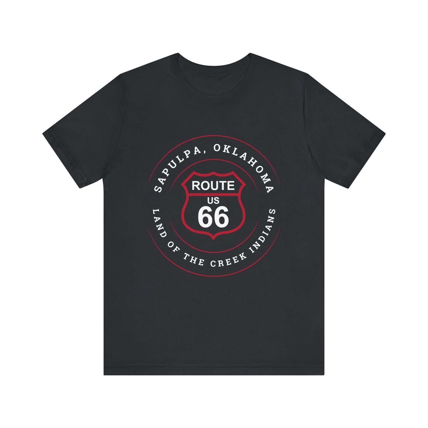 Vintage black retro Route 66 unisex jersey tee with Sapulpa, OK "Land of the Creek Indians" design