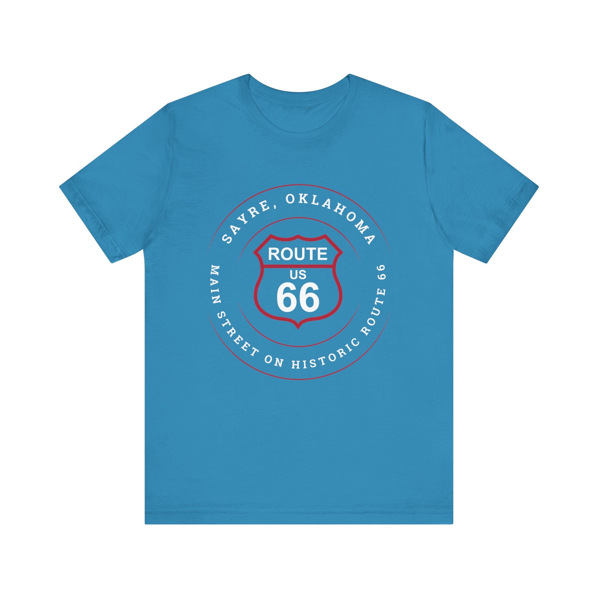 Aqua retro Route 66 unisex jersey tee with Sayre, OK "Main Street on Historic Route 66" design