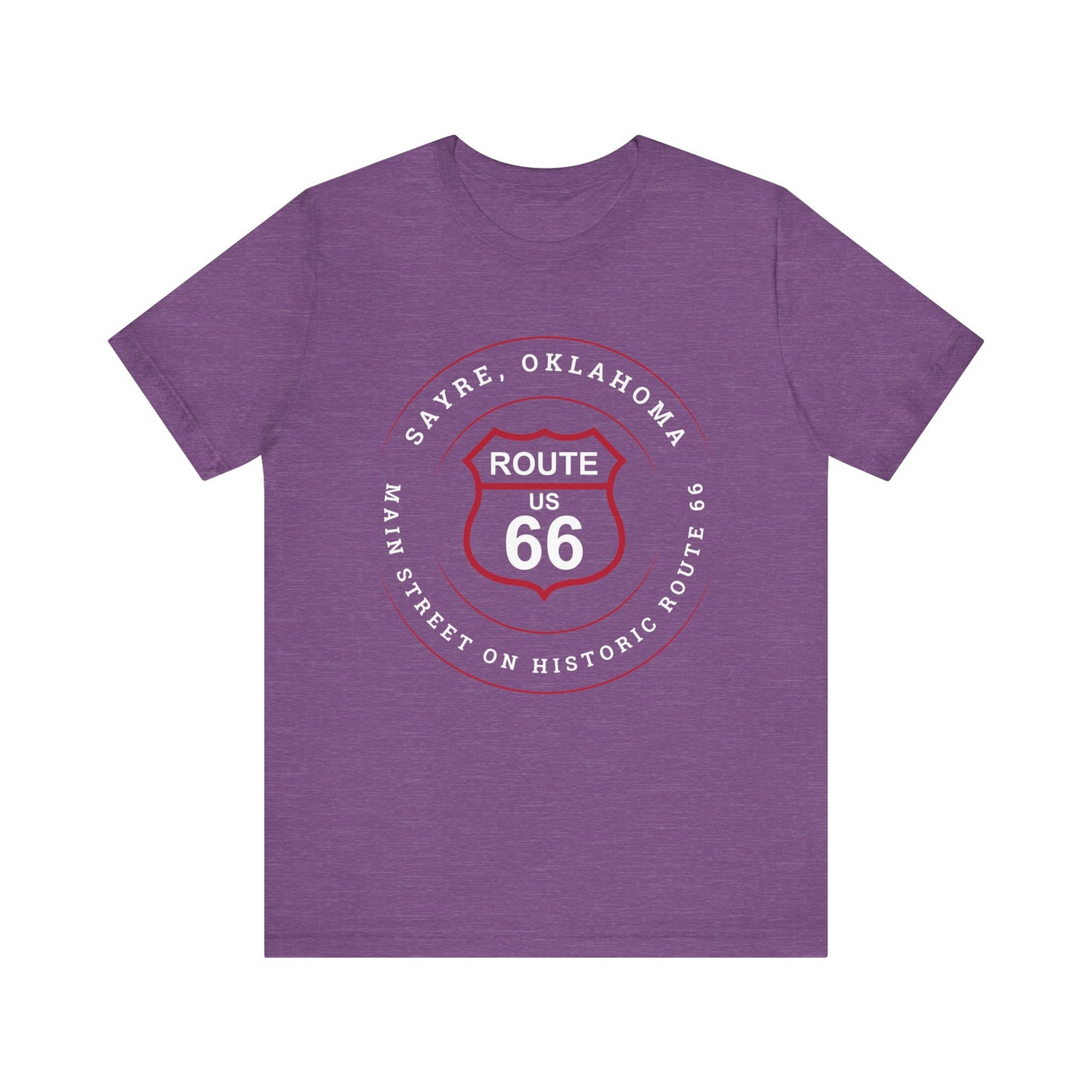 Heather team purple retro Route 66 unisex jersey tee with Sayre, OK "Main Street on Historic Route 66" design