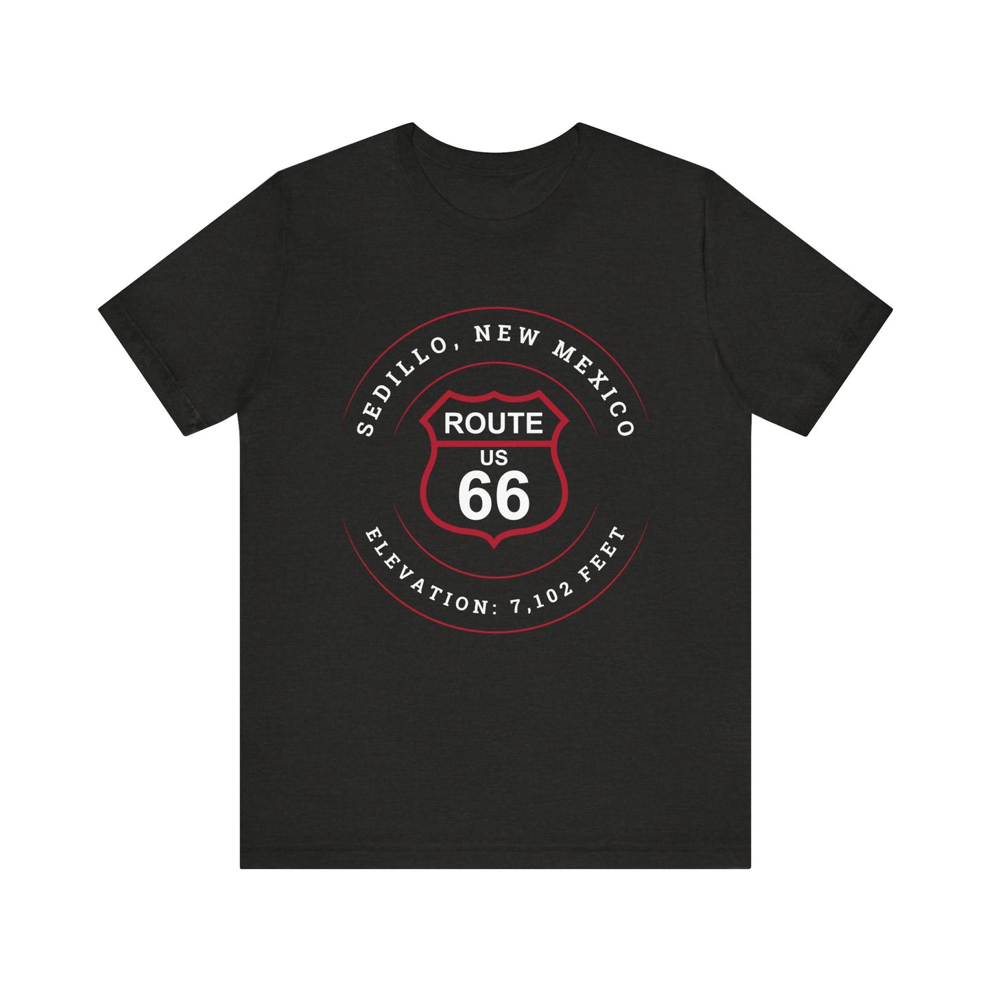 Black heather retro Route 66 unisex jersey tee with Sedillo, NM: "Elevation 7,102 ft." design
