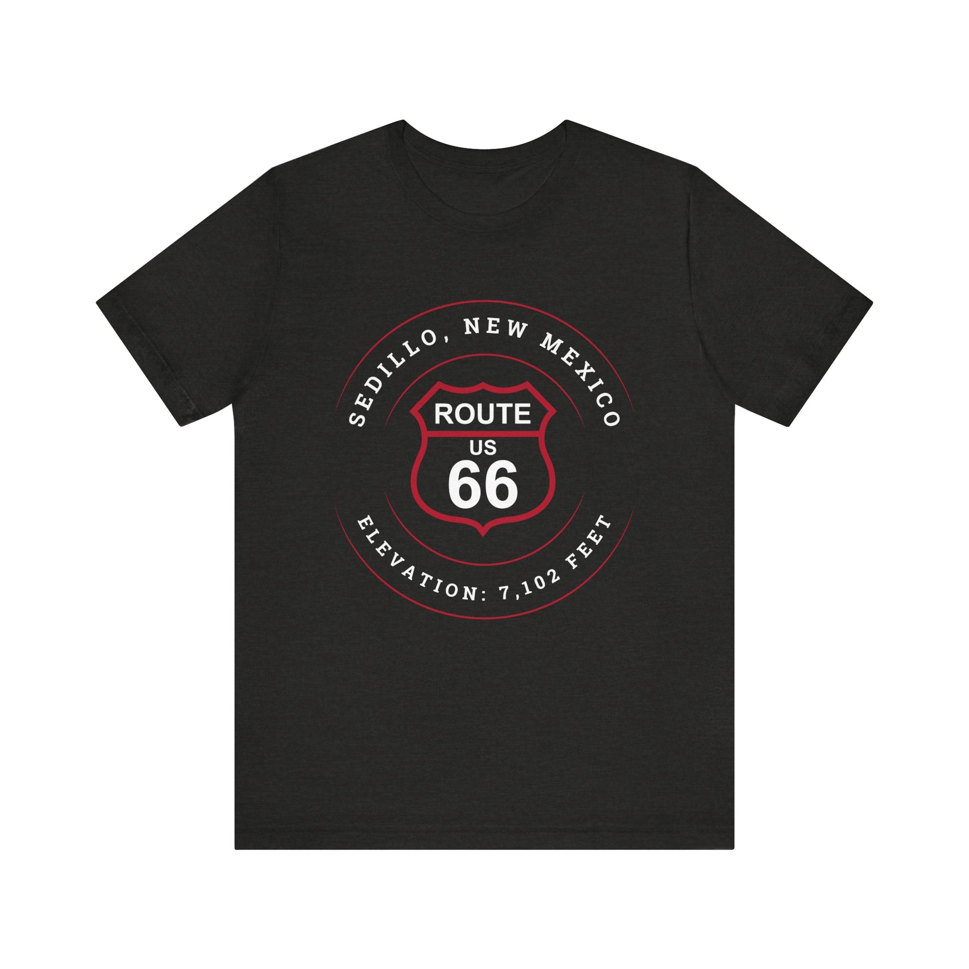 Black heather retro Route 66 unisex jersey tee with Sedillo, NM: "Elevation 7,102 ft." design
