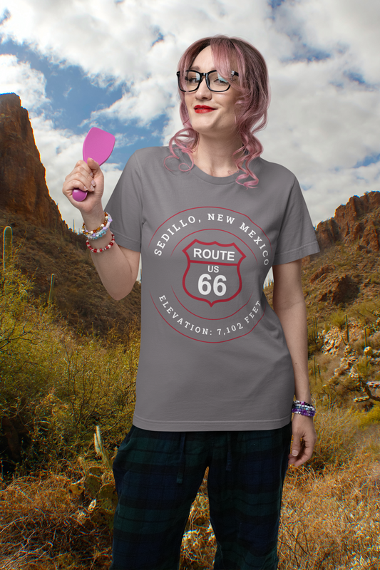 Female model wearing dark grey heather retro Route 66 unisex jersey tee with Sedillo, NM: "Elevation 7,102 ft." design