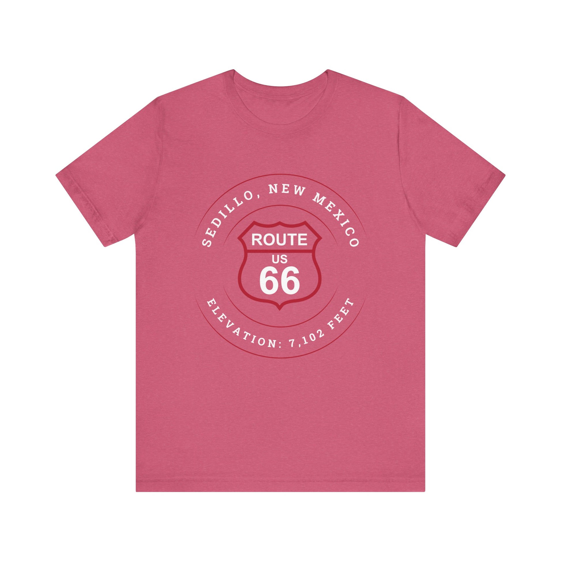 Heather raspberry retro Route 66 unisex jersey tee with Sedillo, NM: "Elevation 7,102 ft." design
