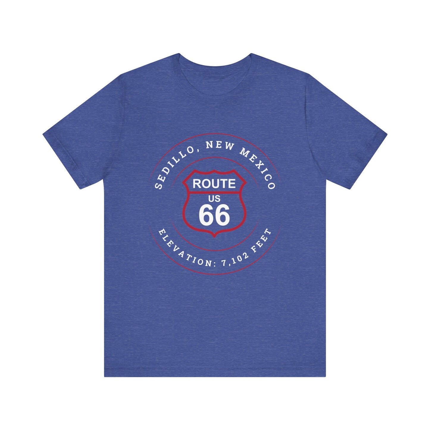 Heather true royal retro Route 66 unisex jersey tee with Sedillo, NM: "Elevation 7,102 ft." design