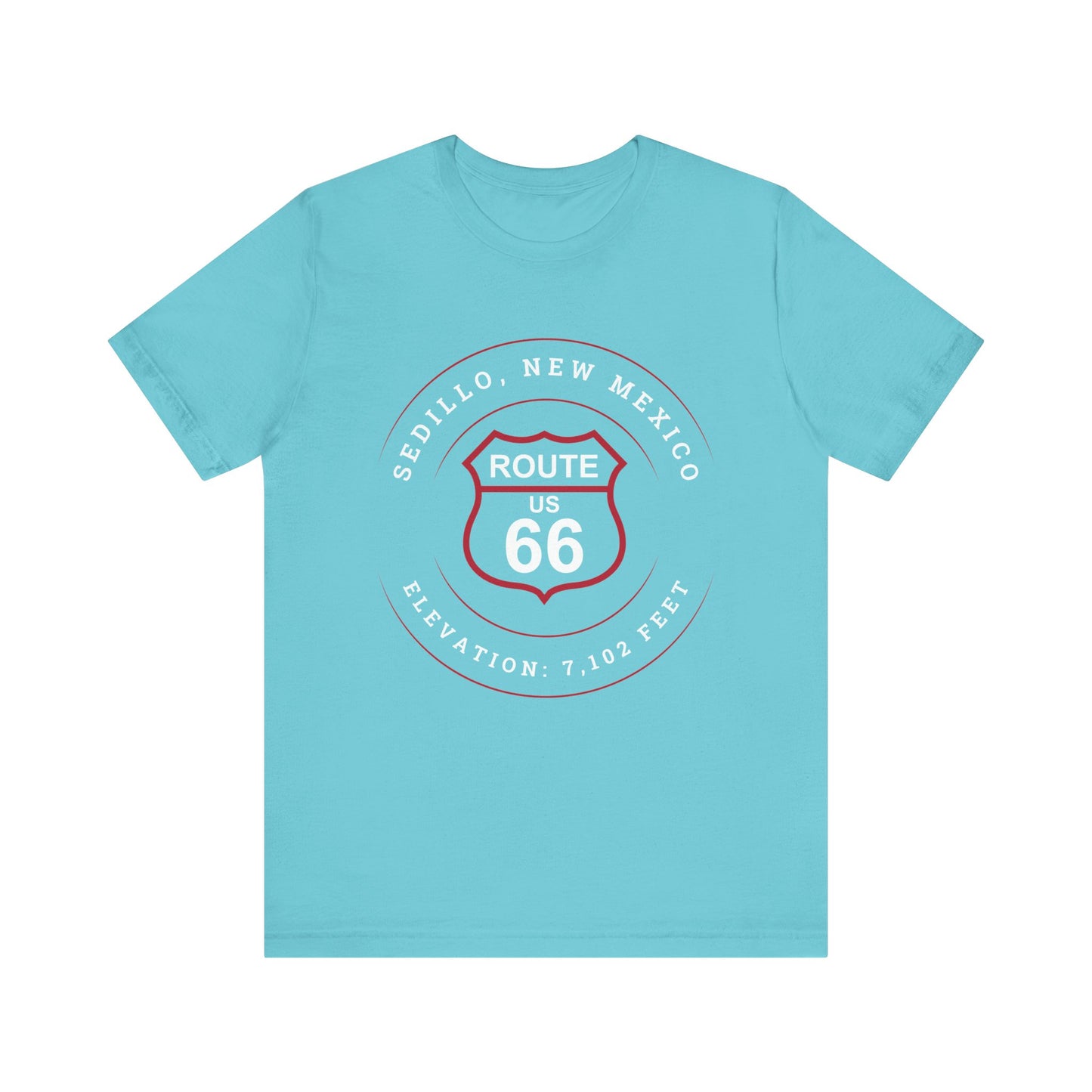 Turquoise retro Route 66 unisex jersey tee with Sedillo, NM: "Elevation 7,102 ft." design