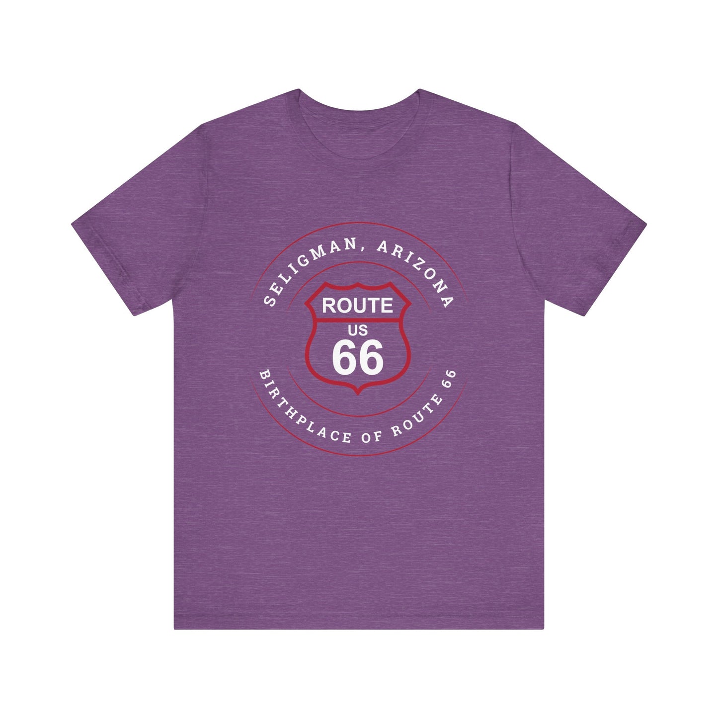Heather team purple retro Route 66 unisex jersey tee with Seligman, AZ: "Birthplace of Route 66" design