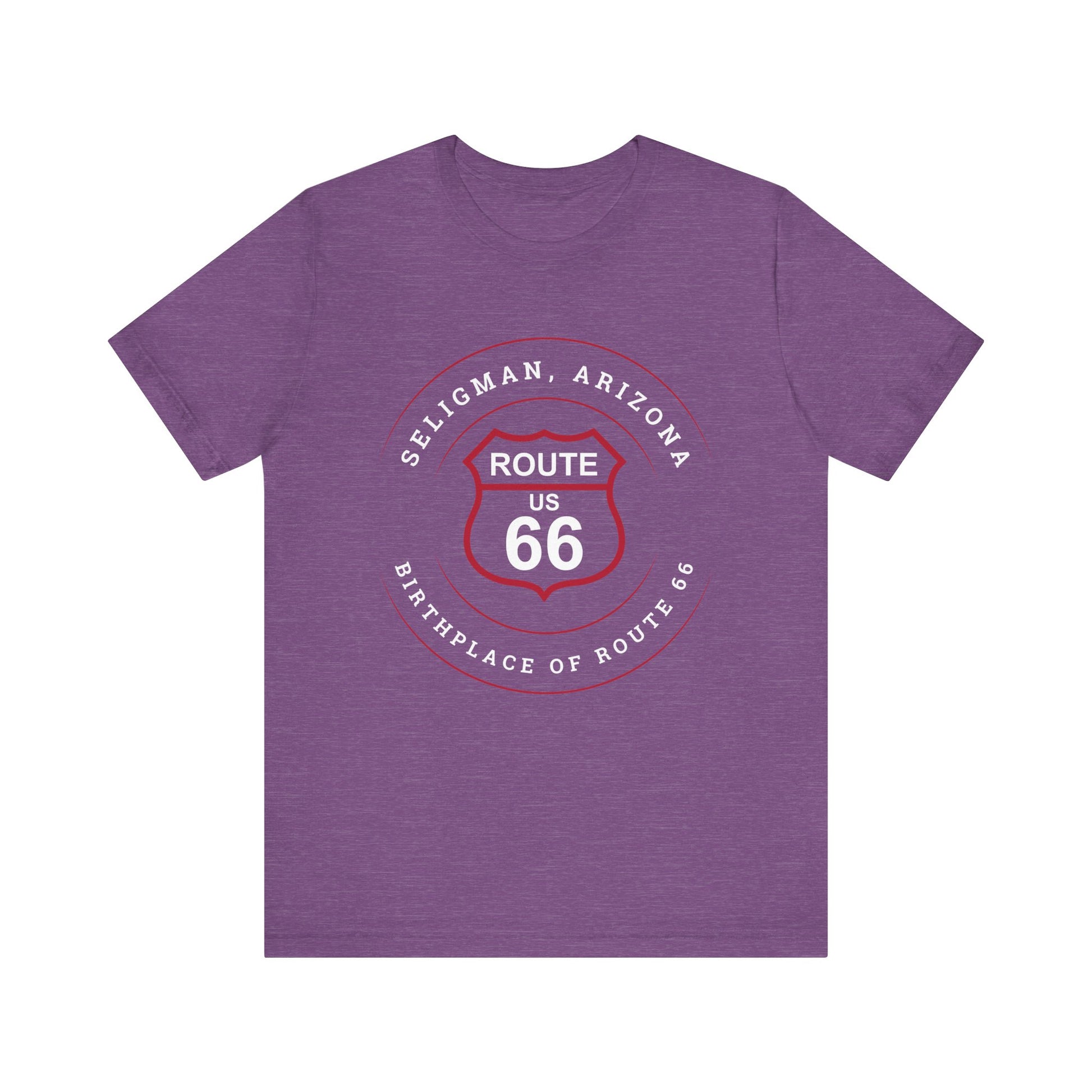 Heather team purple retro Route 66 unisex jersey tee with Seligman, AZ: "Birthplace of Route 66" design
