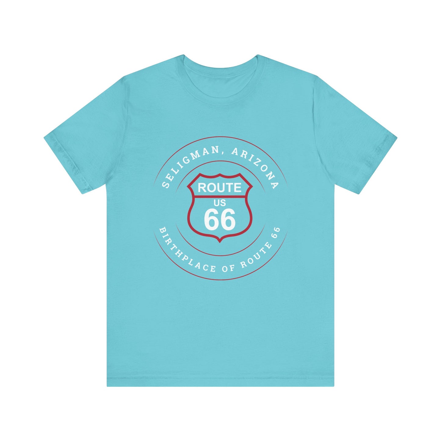 Turquoise retro Route 66 unisex jersey tee with Seligman, AZ: "Birthplace of Route 66" design