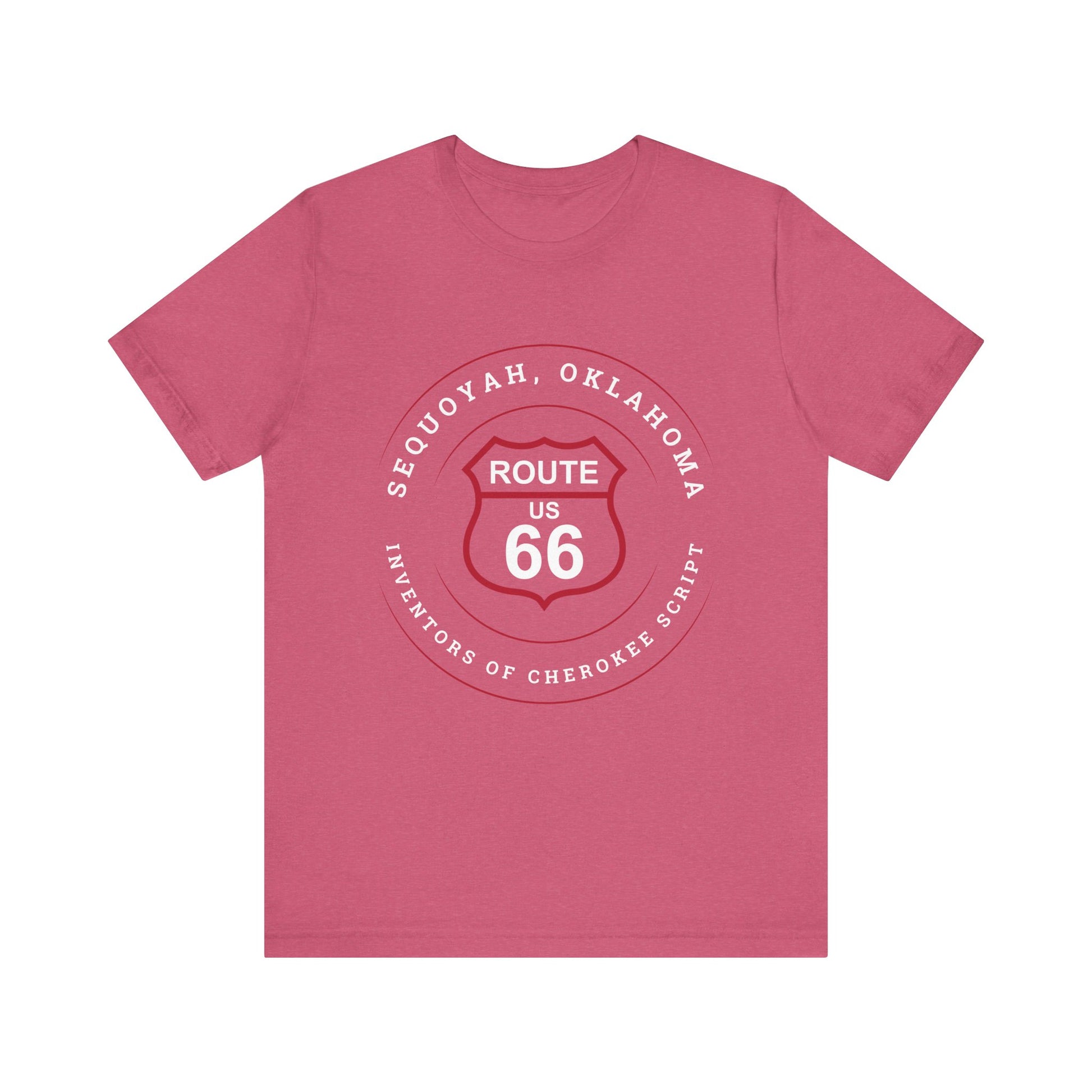 Heather raspberry retro Route 66 unisex jersey tee with Sequoyah, OK "Inventors of Cherokee Script" design