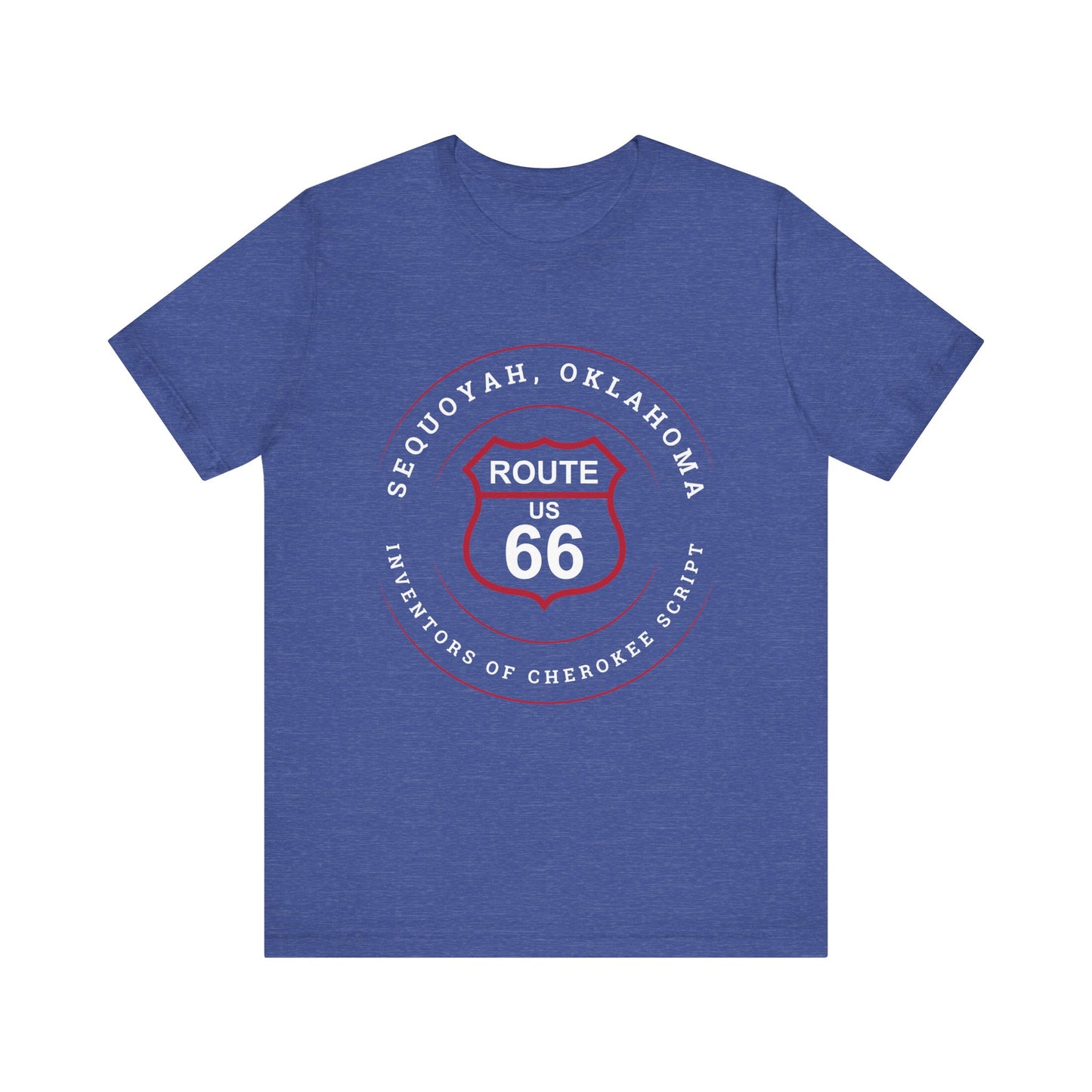 Heather true royal retro Route 66 unisex jersey tee with Sequoyah, OK "Inventors of Cherokee Script" design