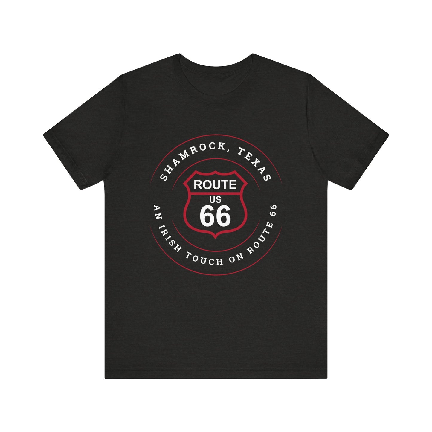 Black heather retro Route 66 unisex jersey tee with Shamrock, TX: An Irish Touch on Route 66 graphic