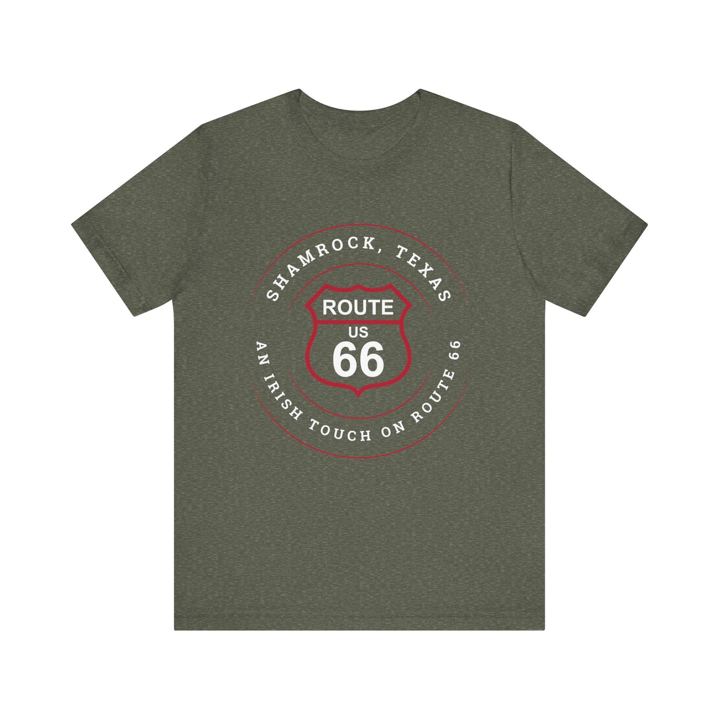Heather military green retro Route 66 unisex jersey tee with Shamrock, TX: An Irish Touch on Route 66 graphic