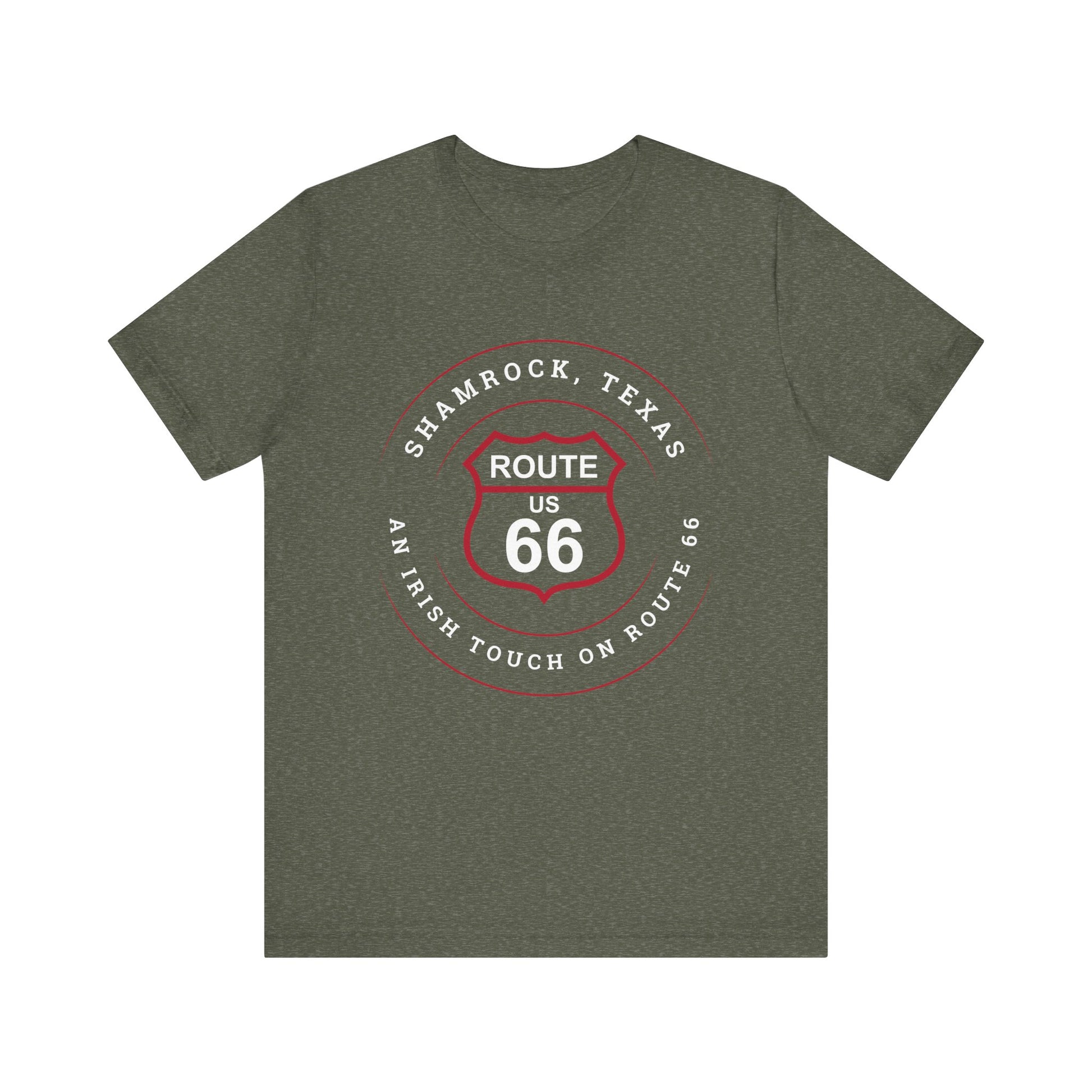 Heather military green retro Route 66 unisex jersey tee with Shamrock, TX: An Irish Touch on Route 66 graphic