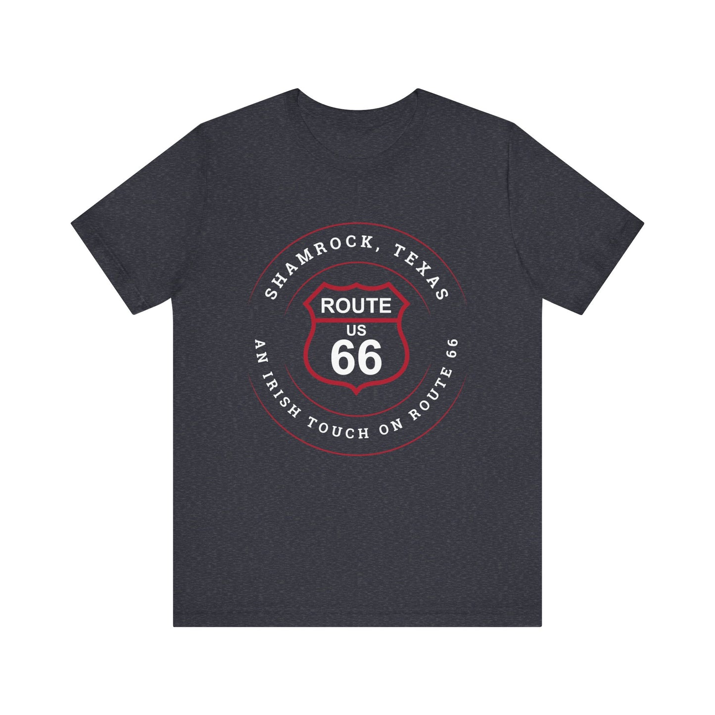 Heather navy retro Route 66 unisex jersey tee with Shamrock, TX: An Irish Touch on Route 66 graphic