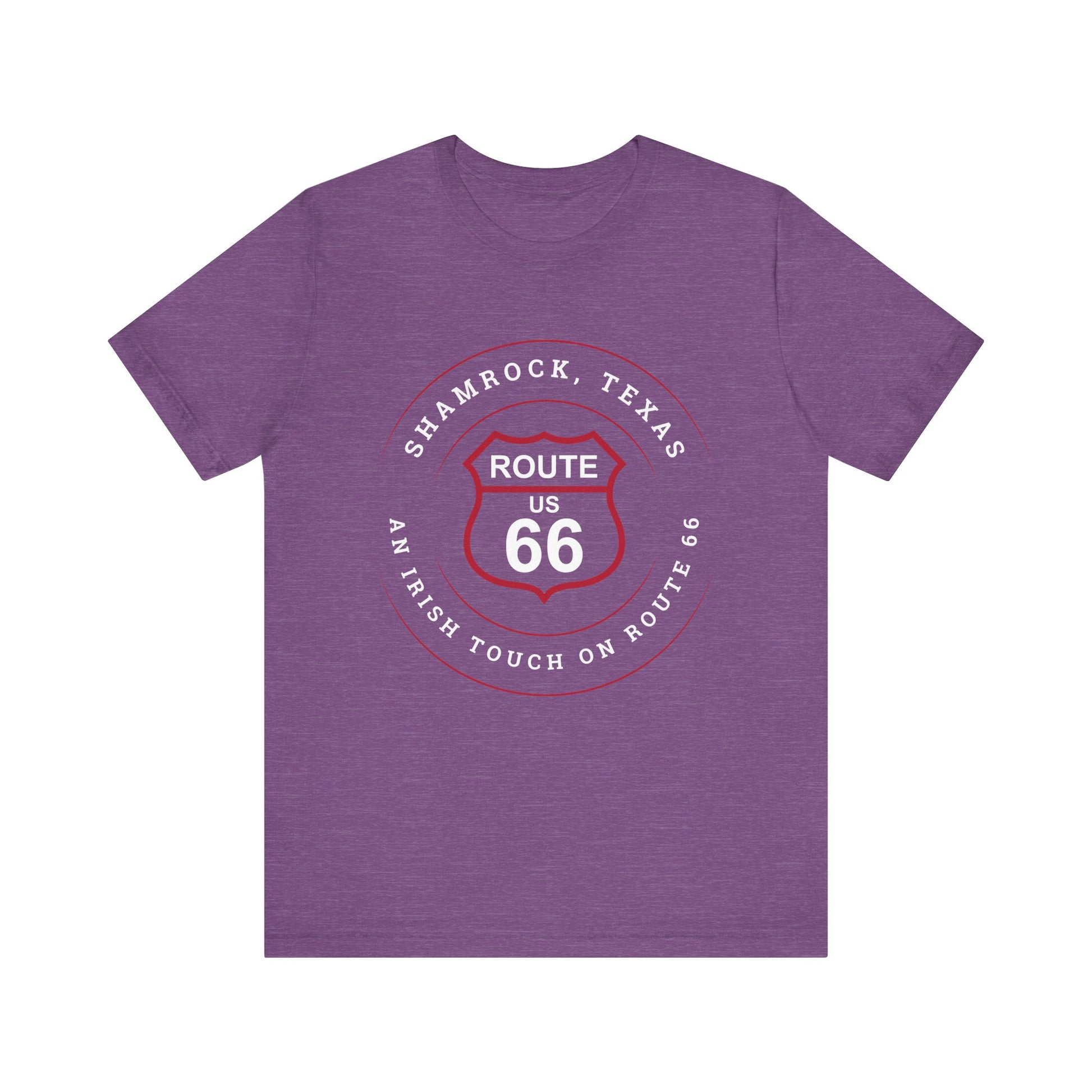 Heather team purple retro Route 66 unisex jersey tee with Shamrock, TX: An Irish Touch on Route 66 graphic