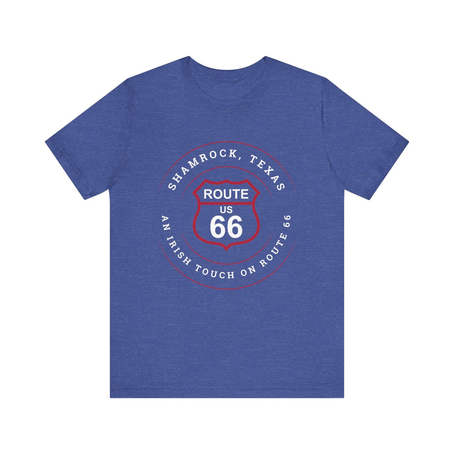 Heather true royal retro Route 66 unisex jersey tee with Shamrock, TX: An Irish Touch on Route 66 graphic