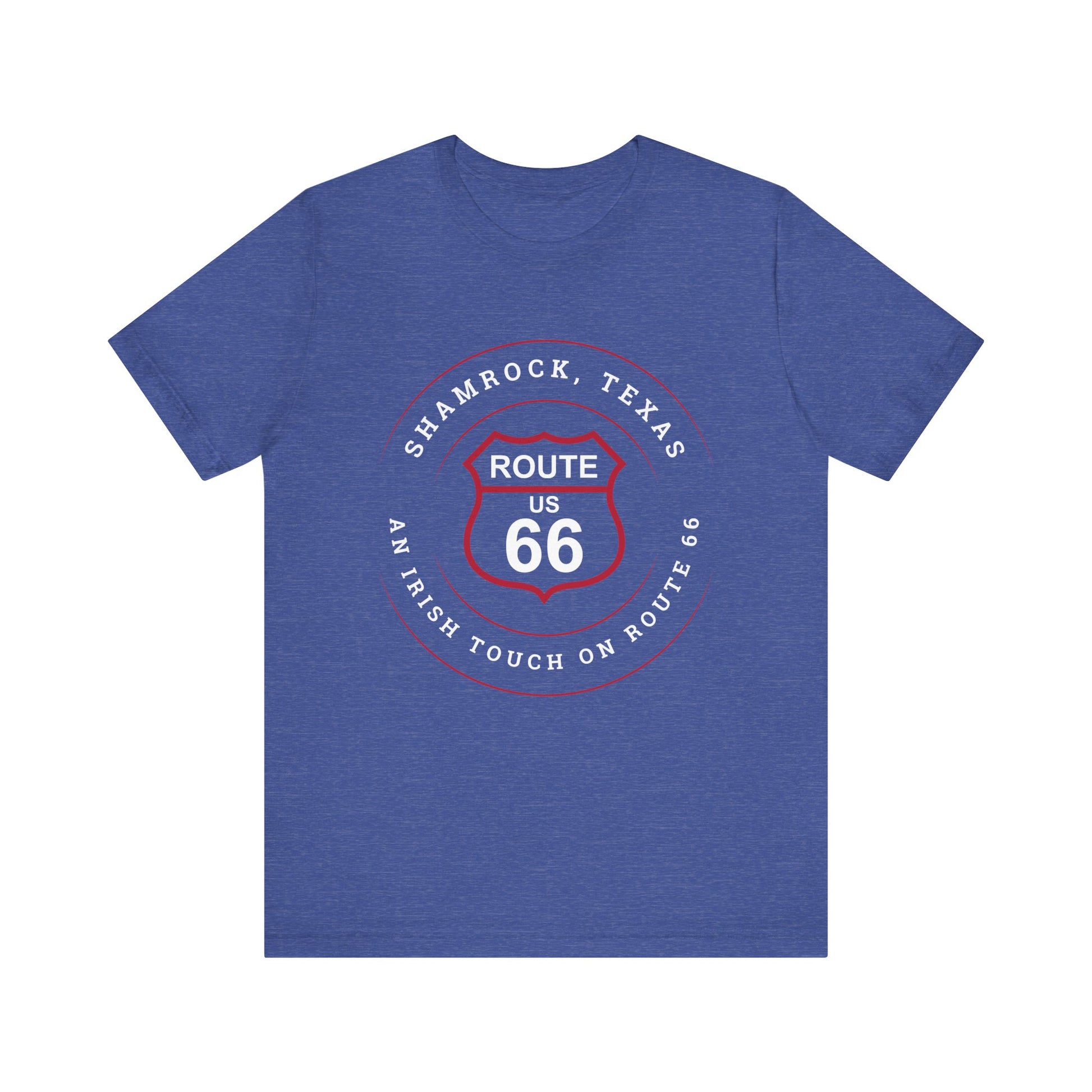 Heather true royal retro Route 66 unisex jersey tee with Shamrock, TX: An Irish Touch on Route 66 graphic