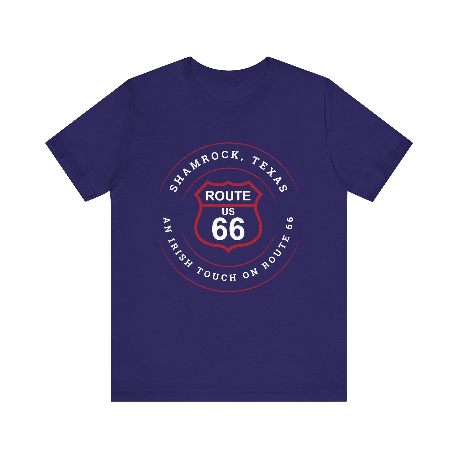 Team navy retro Route 66 unisex jersey tee with Shamrock, TX: An Irish Touch on Route 66 graphic