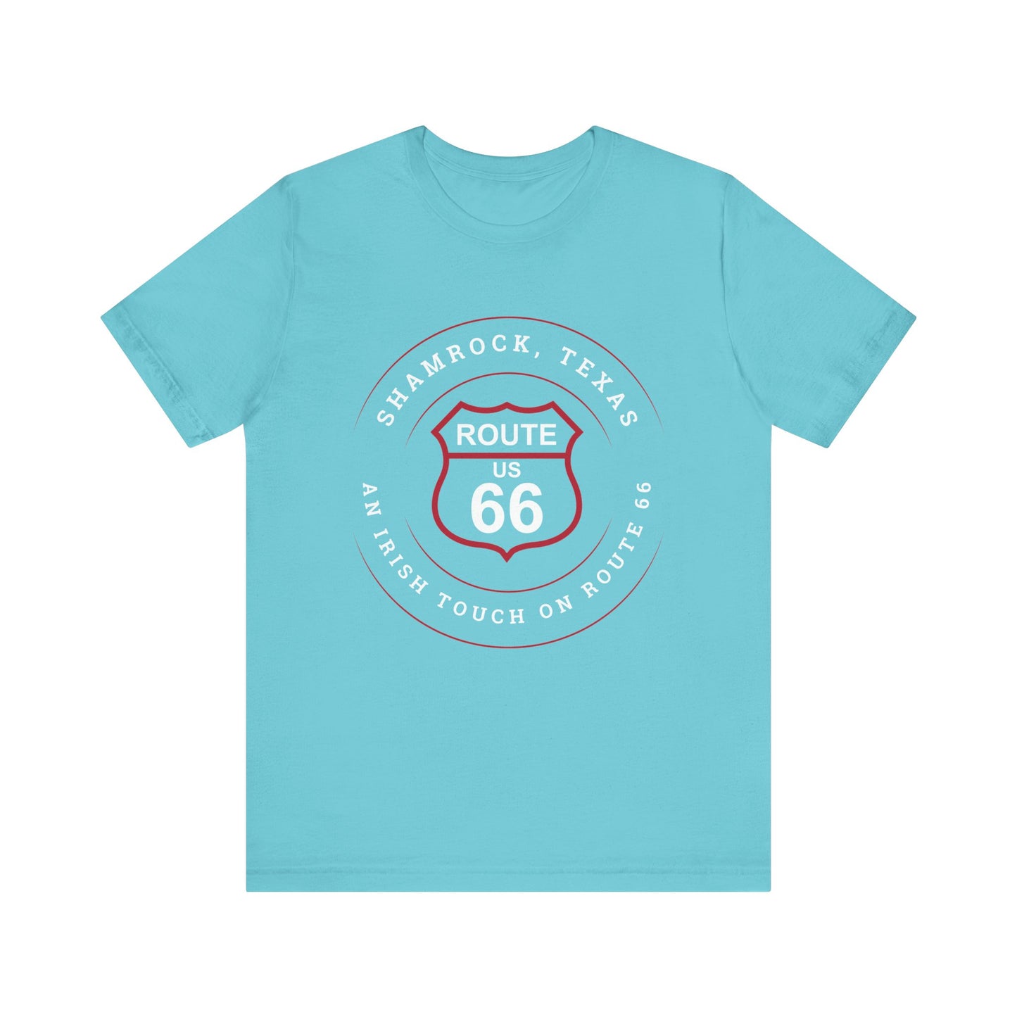 Turquoise retro Route 66 unisex jersey tee with Shamrock, TX: An Irish Touch on Route 66 graphic
