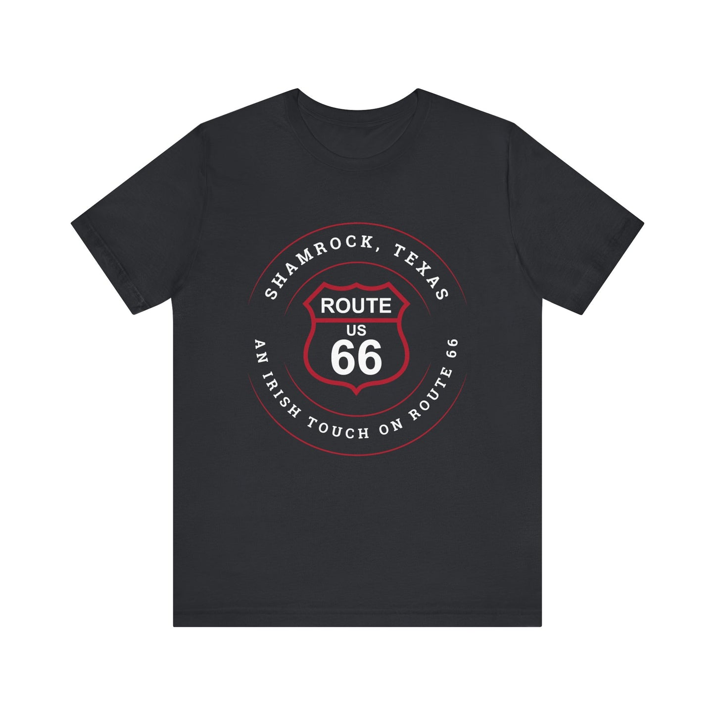 Vintage black heather retro Route 66 unisex jersey tee with Shamrock, TX: An Irish Touch on Route 66 graphic