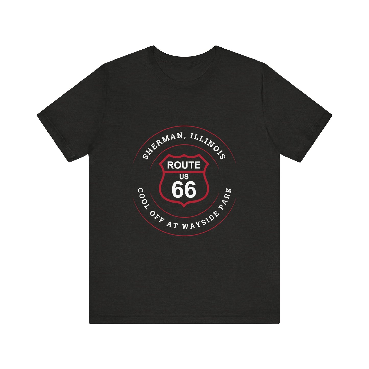 Black heather retro Route 66 unisex jersey tee with Sherman, IL:: "Cool Off at Wayside Park" design