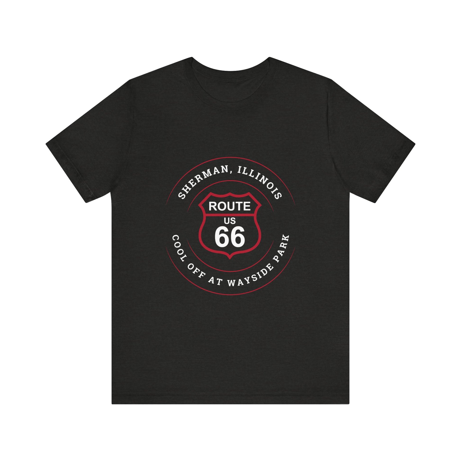 Black heather retro Route 66 unisex jersey tee with Sherman, IL:: "Cool Off at Wayside Park" design
