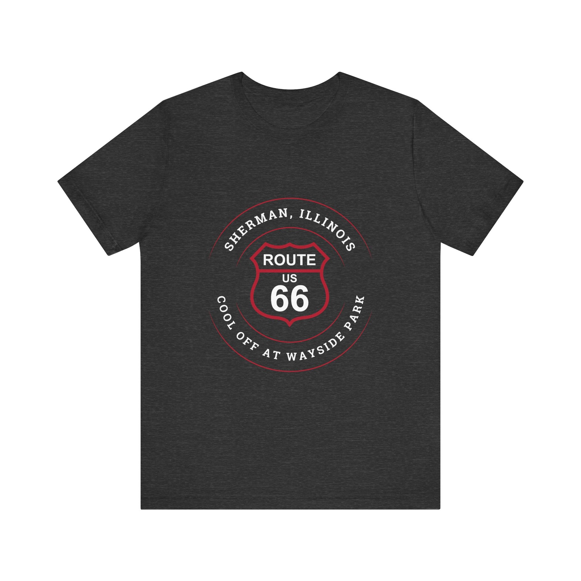 Dark grey heather retro Route 66 unisex jersey tee with Sherman, IL:: "Cool Off at Wayside Park" design