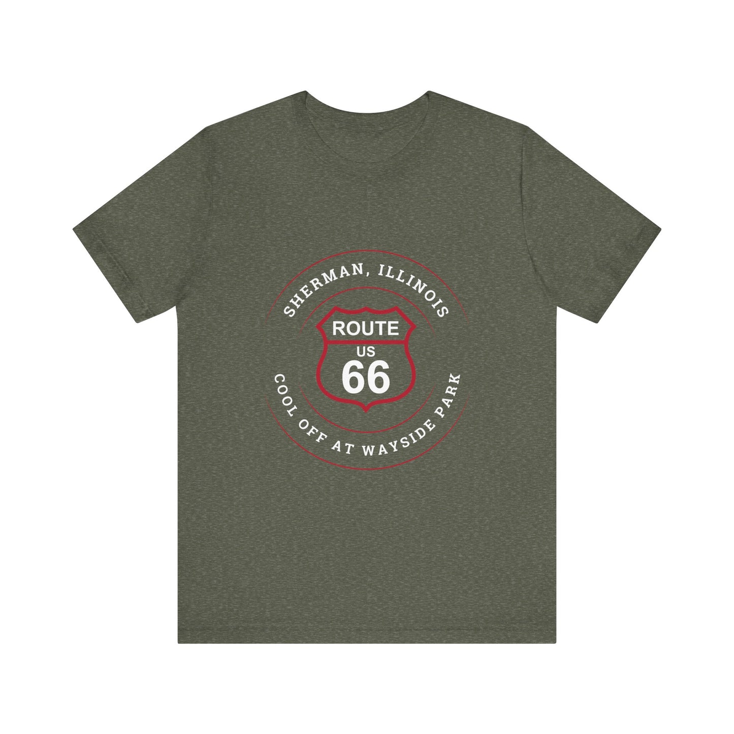 Heather military green retro Route 66 unisex jersey tee with Sherman, IL:: "Cool Off at Wayside Park" design