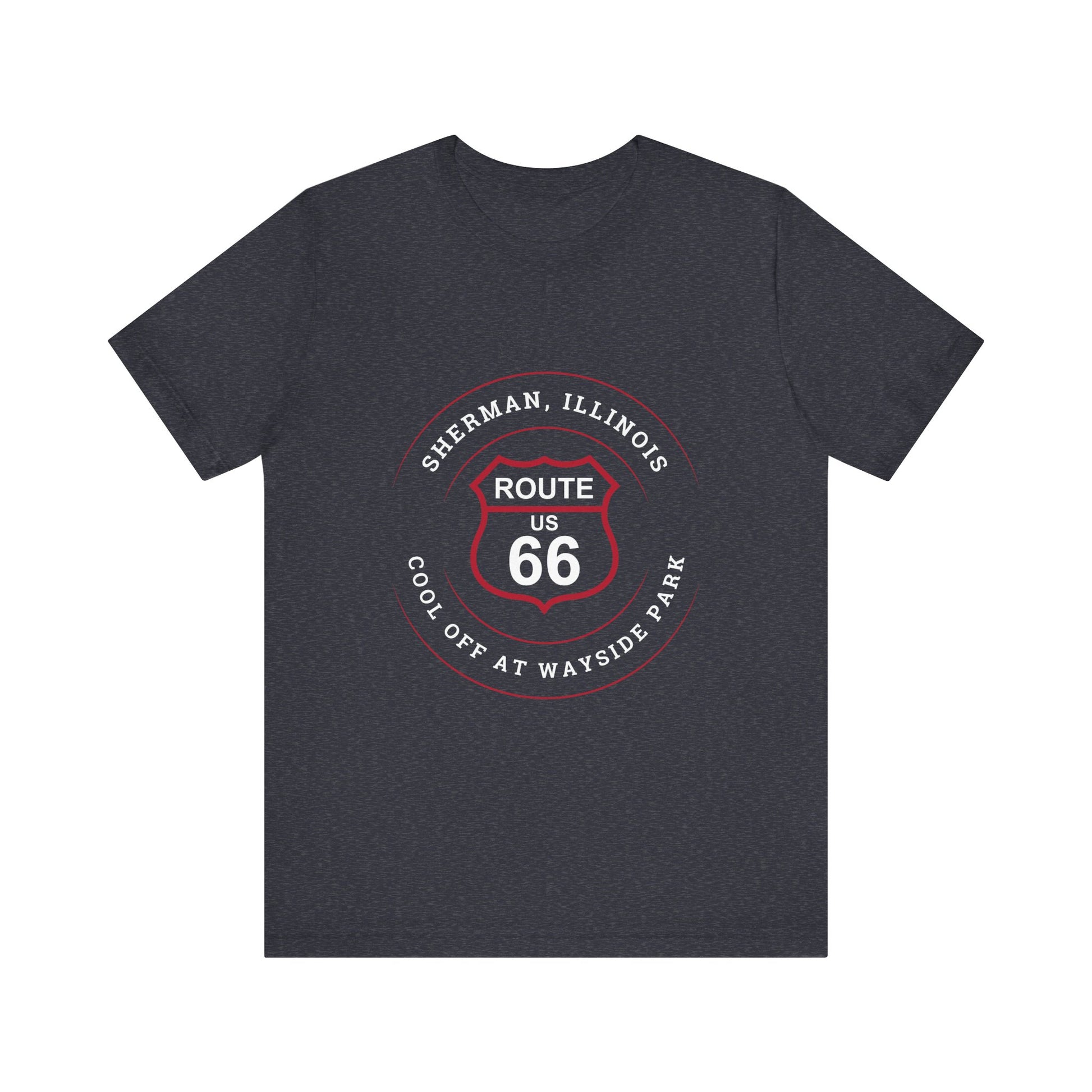 Heather navy retro Route 66 unisex jersey tee with Sherman, IL:: "Cool Off at Wayside Park" design