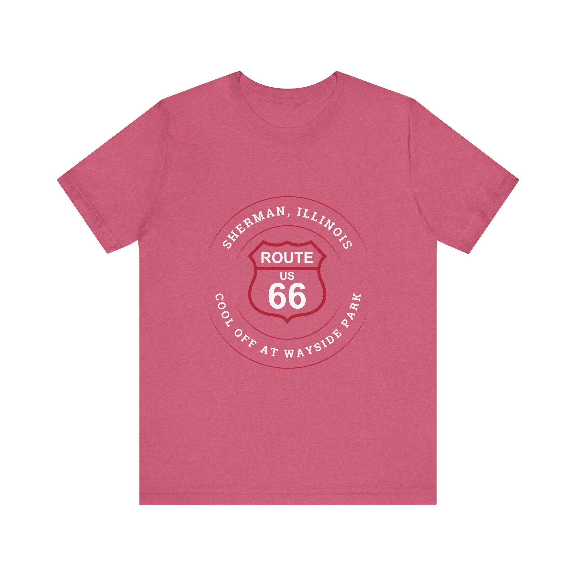 Heather raspberry retro Route 66 unisex jersey tee with Sherman, IL:: "Cool Off at Wayside Park" design