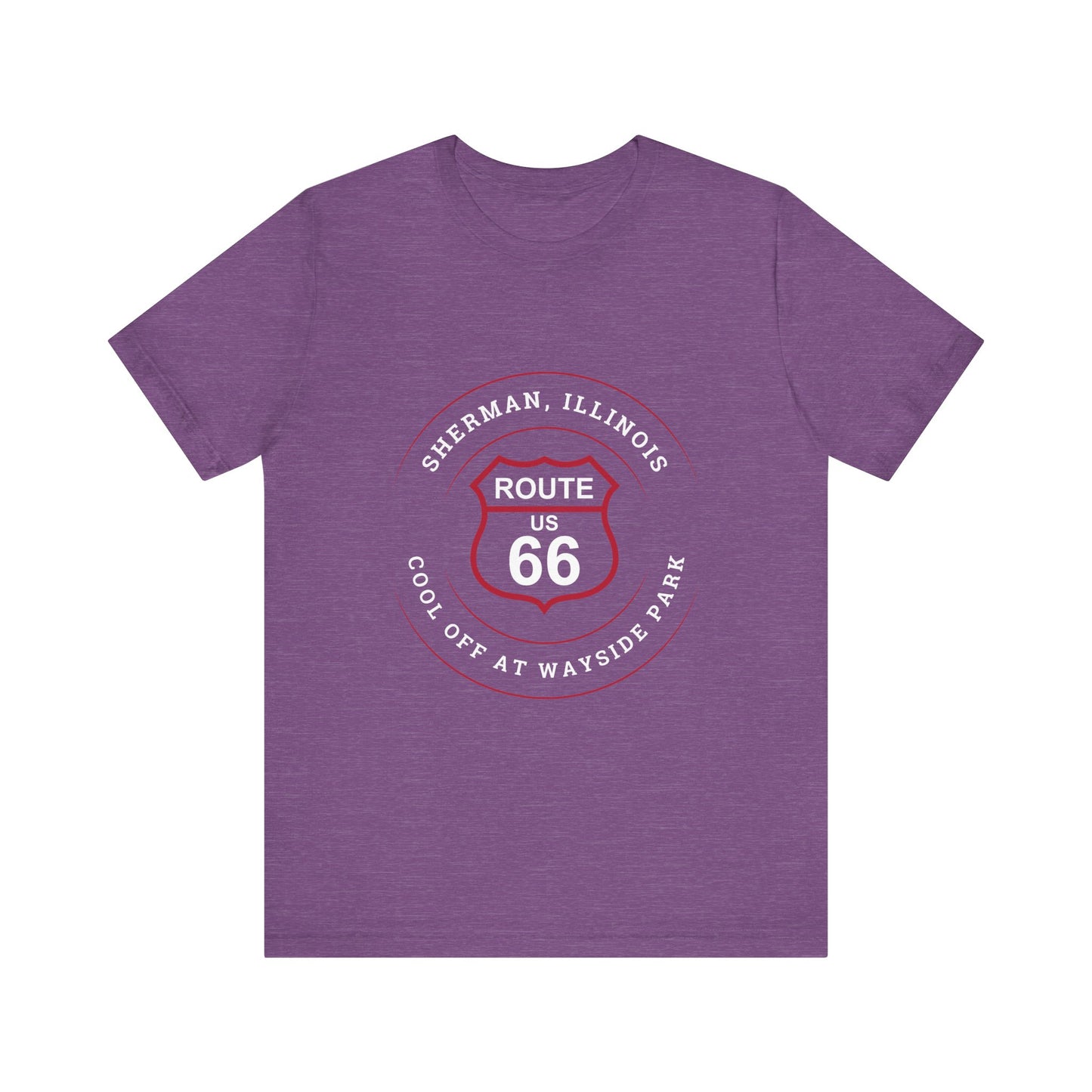 Heather team purple retro Route 66 unisex jersey tee with Sherman, IL:: "Cool Off at Wayside Park" design