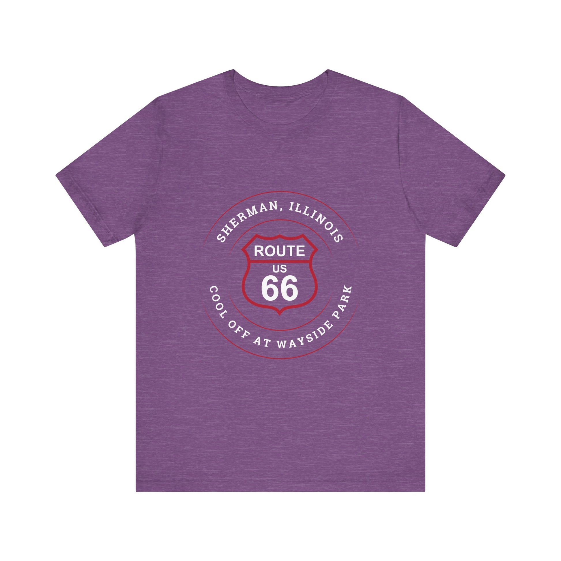 Heather team purple retro Route 66 unisex jersey tee with Sherman, IL:: "Cool Off at Wayside Park" design