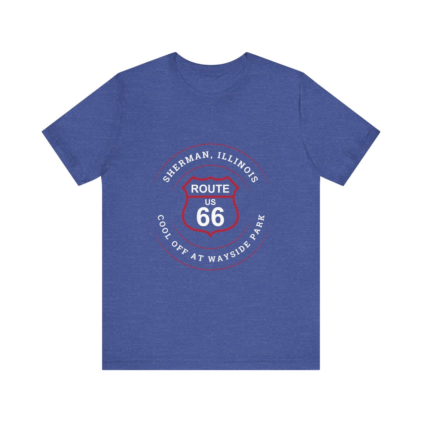 Heather true royal retro Route 66 unisex jersey tee with Sherman, IL:: "Cool Off at Wayside Park" design
