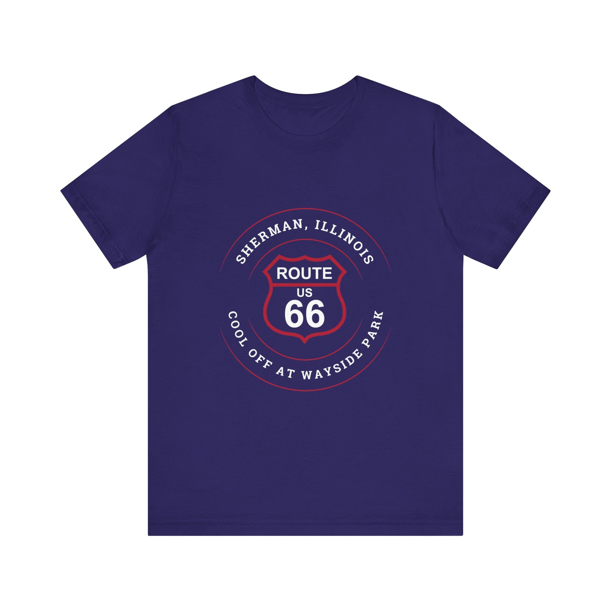 Team navy retro Route 66 unisex jersey tee with Sherman, IL:: "Cool Off at Wayside Park" design