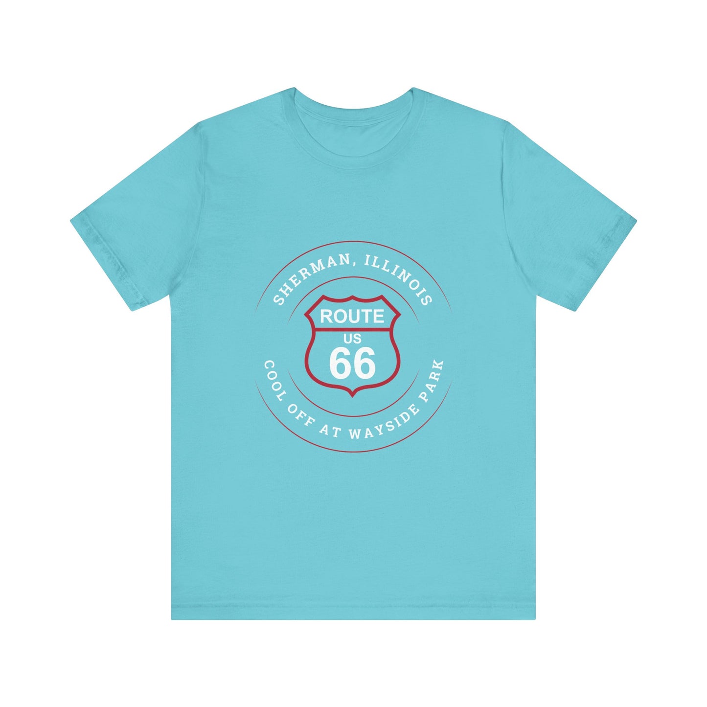 Turquoise retro Route 66 unisex jersey tee with Sherman, IL:: "Cool Off at Wayside Park" design