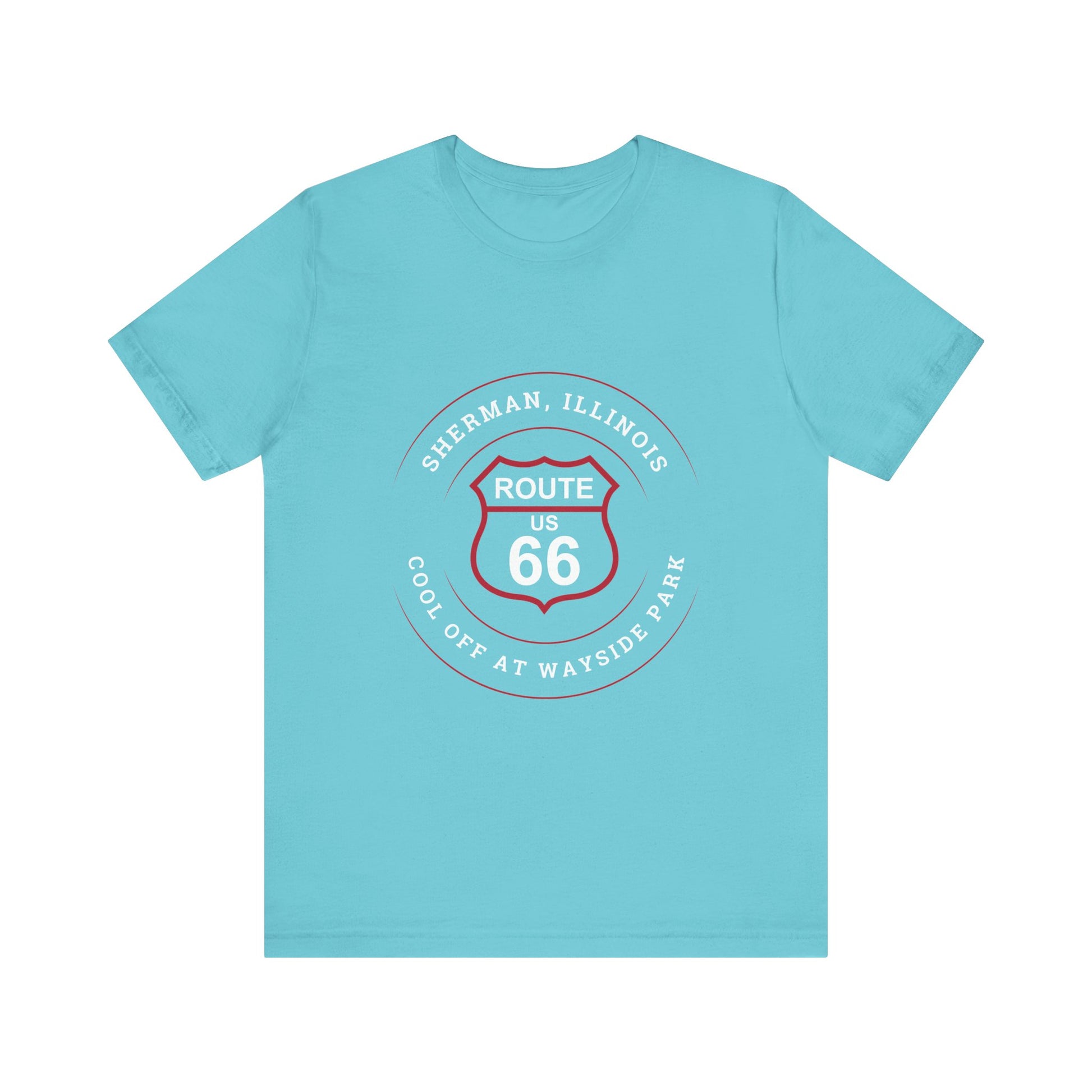Turquoise retro Route 66 unisex jersey tee with Sherman, IL:: "Cool Off at Wayside Park" design