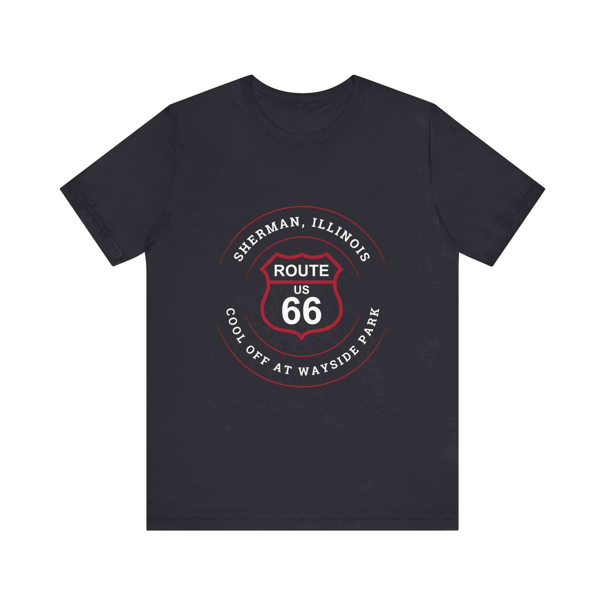 Vintage black retro Route 66 unisex jersey tee with Sherman, IL:: "Cool Off at Wayside Park" design
