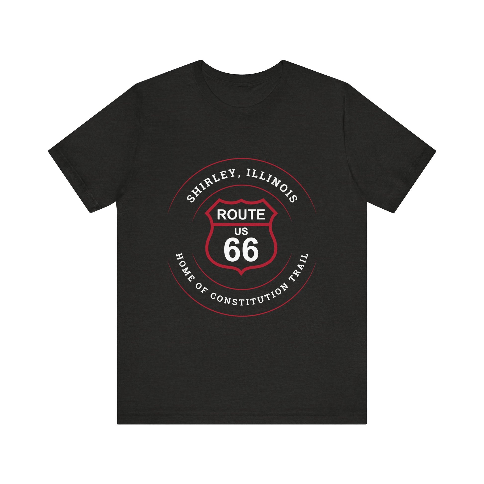 Black heather retro Route 66 unisex jersey tee with Shirley, IL: "Home of the Constitution Trail" design