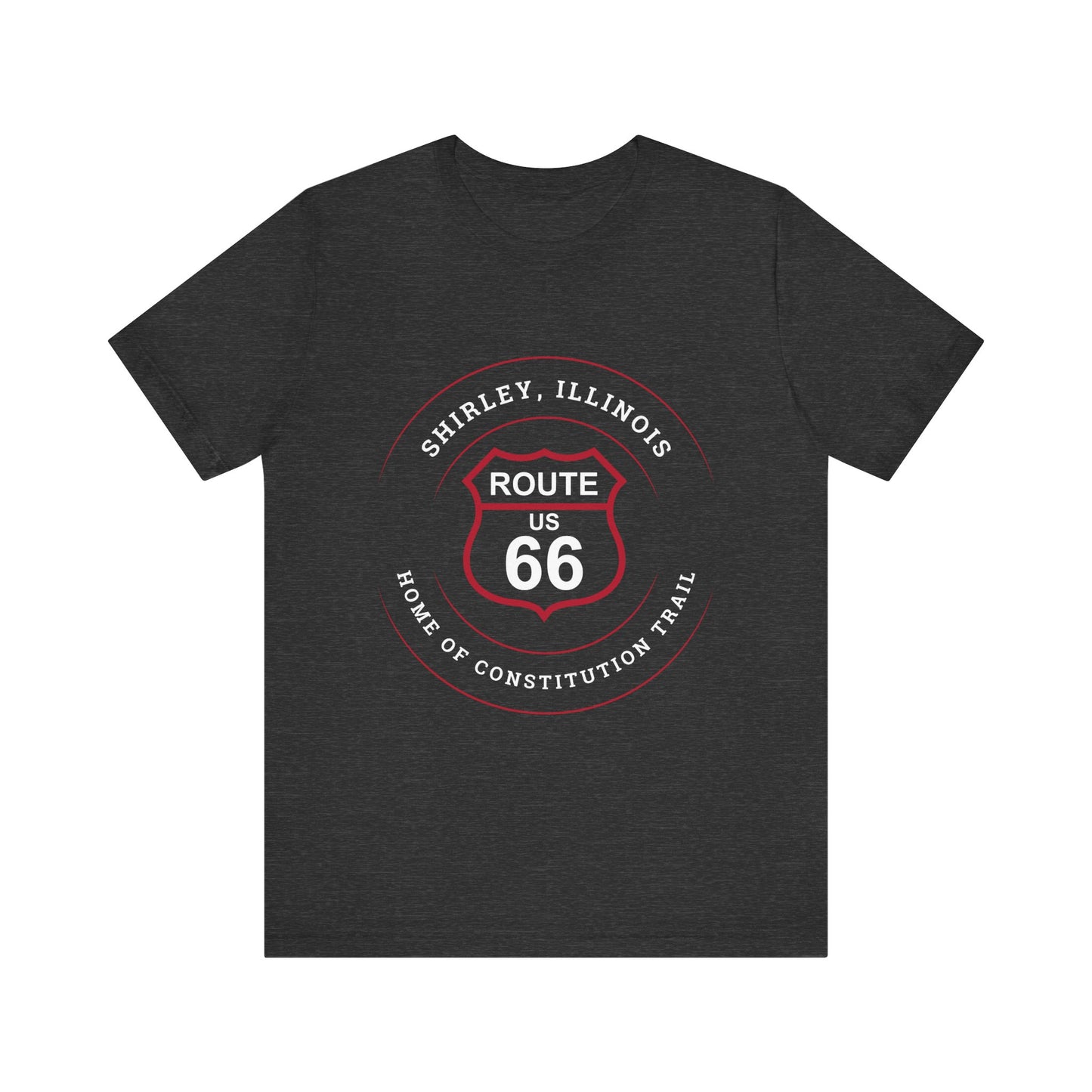 Dark grey heather retro Route 66 unisex jersey tee with Shirley, IL: "Home of the Constitution Trail" design
