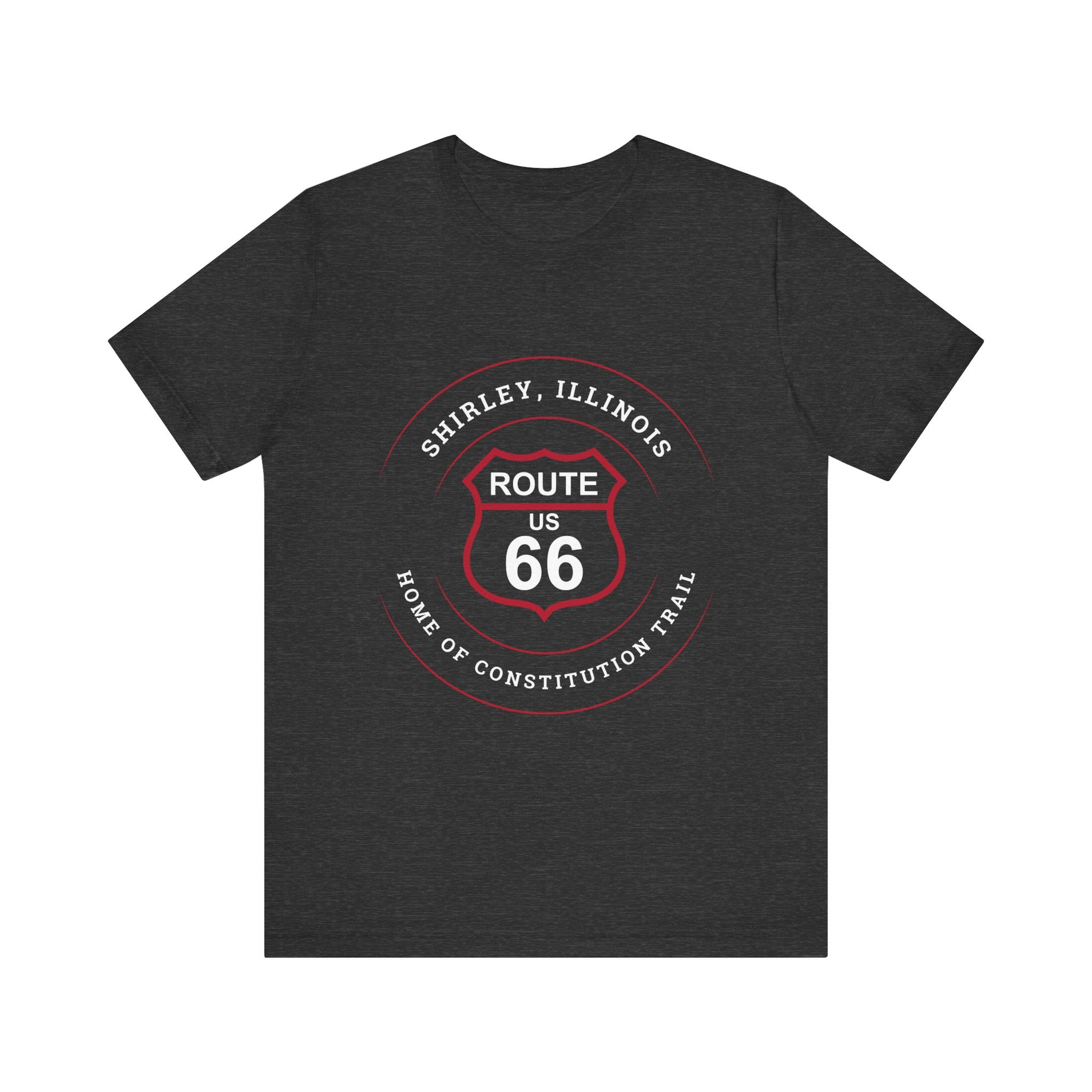 Dark grey heather retro Route 66 unisex jersey tee with Shirley, IL: "Home of the Constitution Trail" design