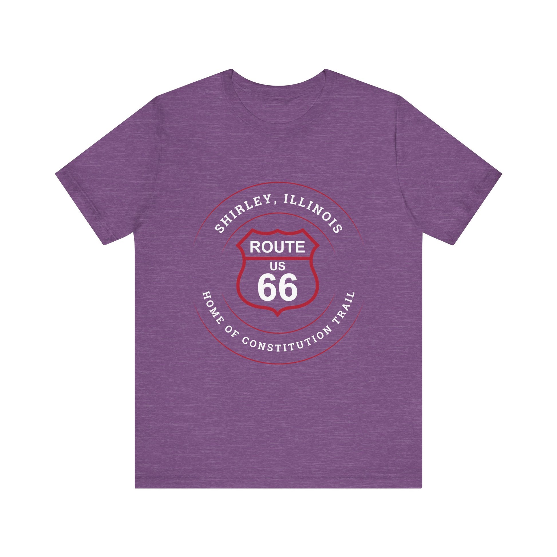 Heather team purple retro Route 66 unisex jersey tee with Shirley, IL: "Home of the Constitution Trail" design