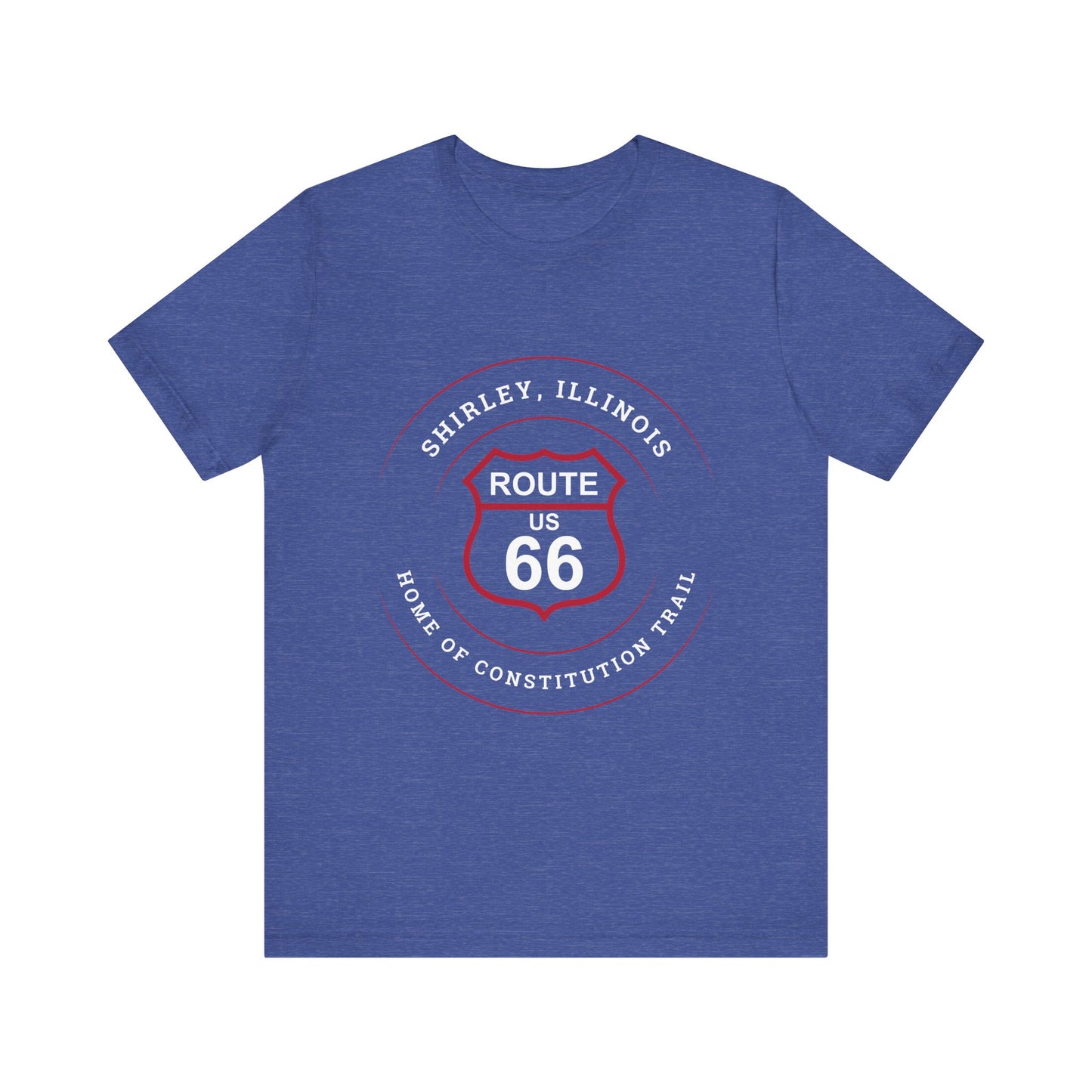 Heather true royal retro Route 66 unisex jersey tee with Shirley, IL: "Home of the Constitution Trail" design