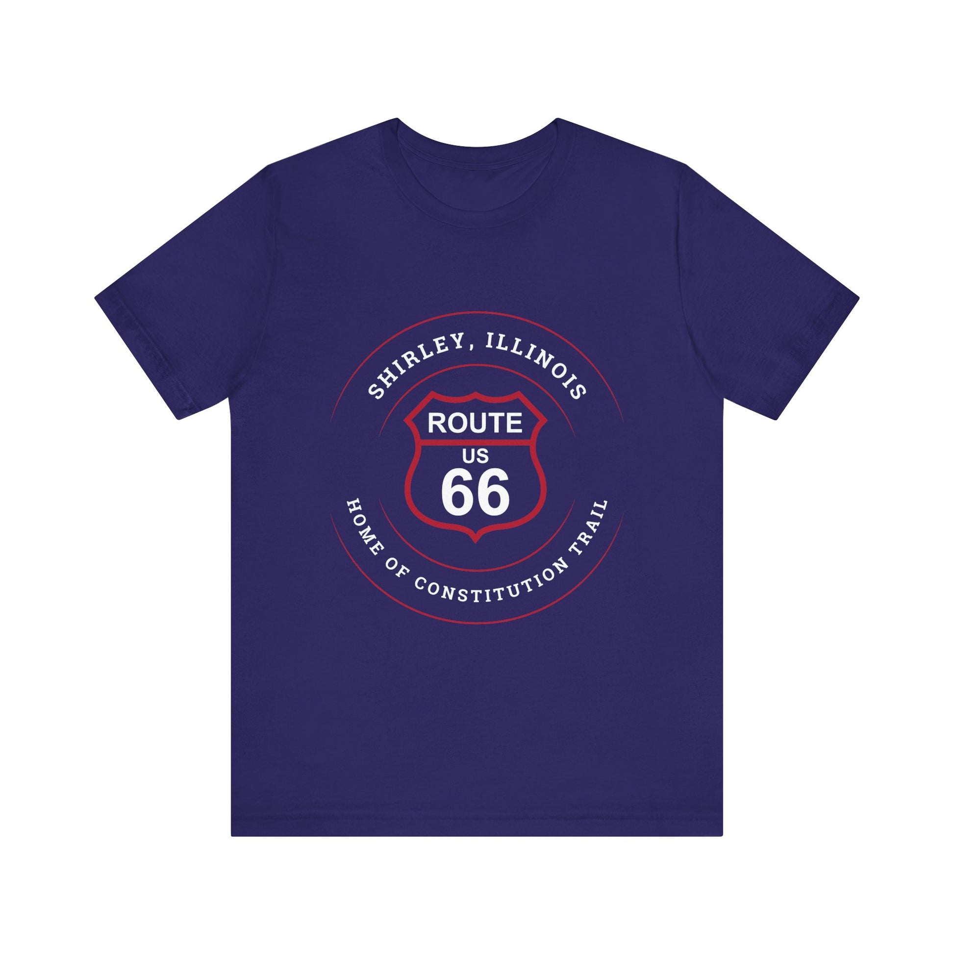 Team navy retro Route 66 unisex jersey tee with Shirley, IL: "Home of the Constitution Trail" design
