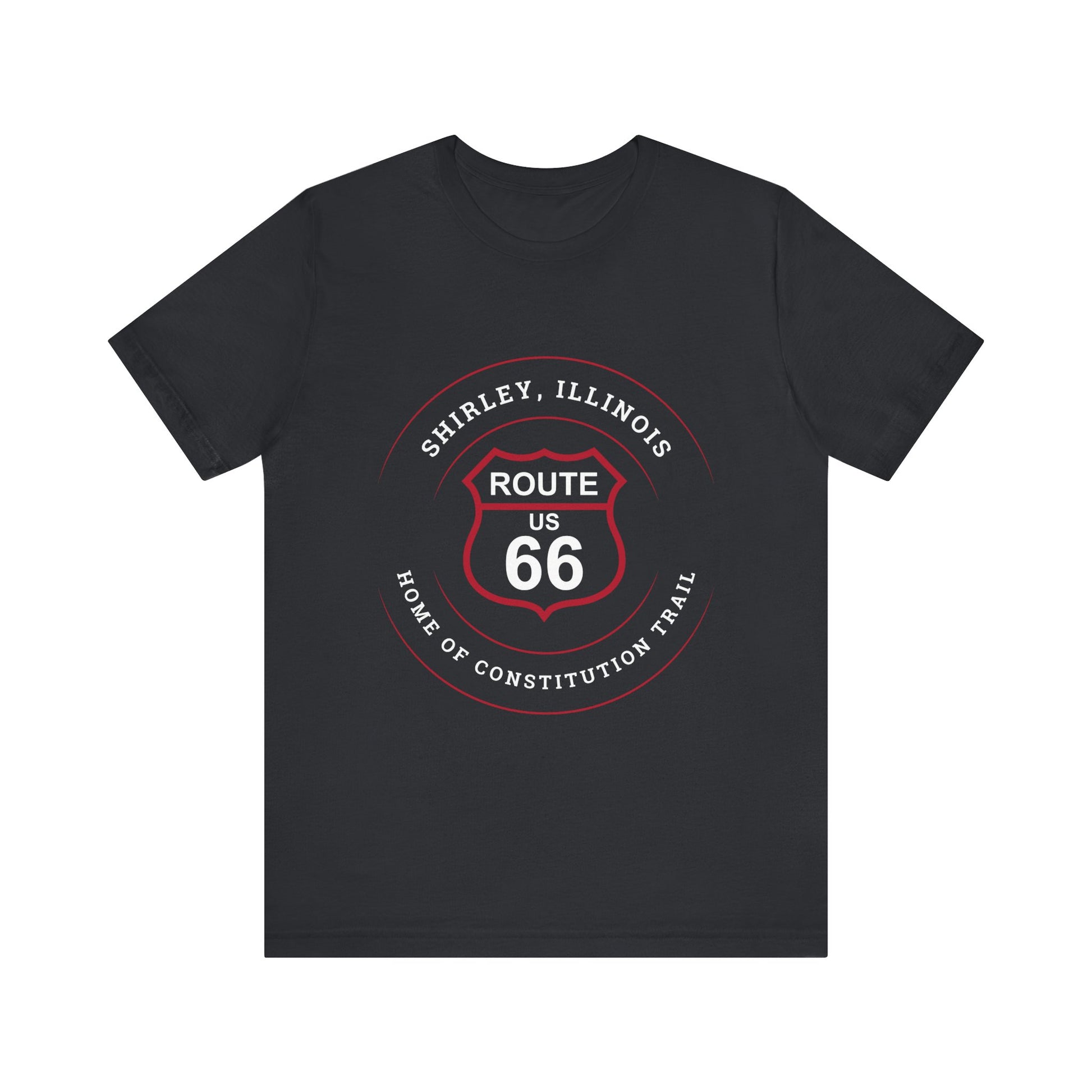 Vintage black retro Route 66 unisex jersey tee with Shirley, IL: "Home of the Constitution Trail" design