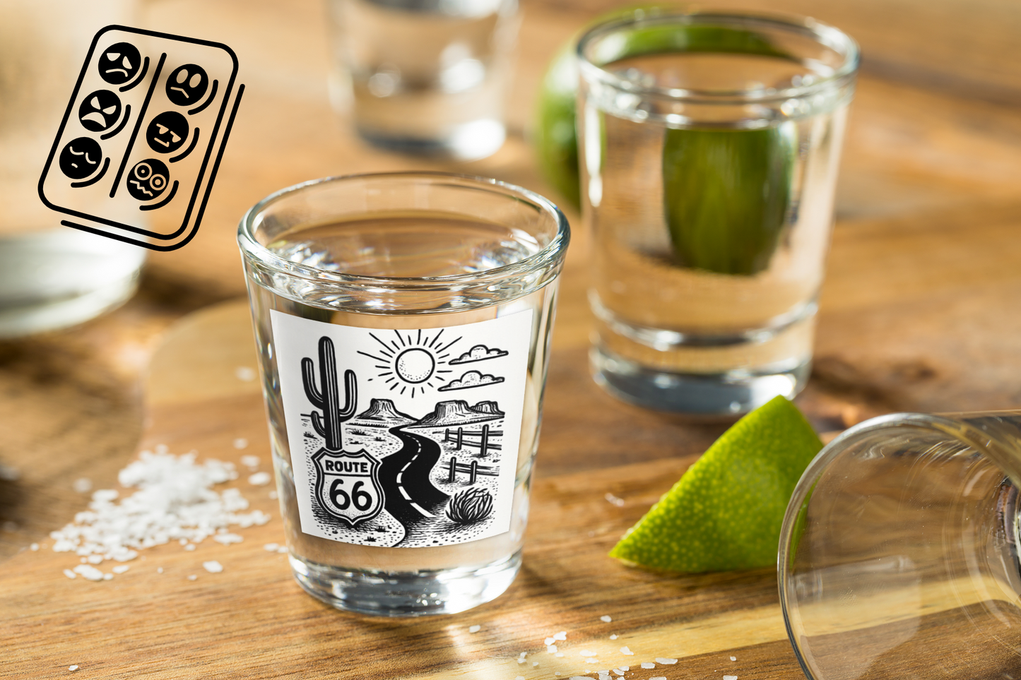 Route 66 shot glass on wooden table with lime and salt - Southwestern travel souvenir.