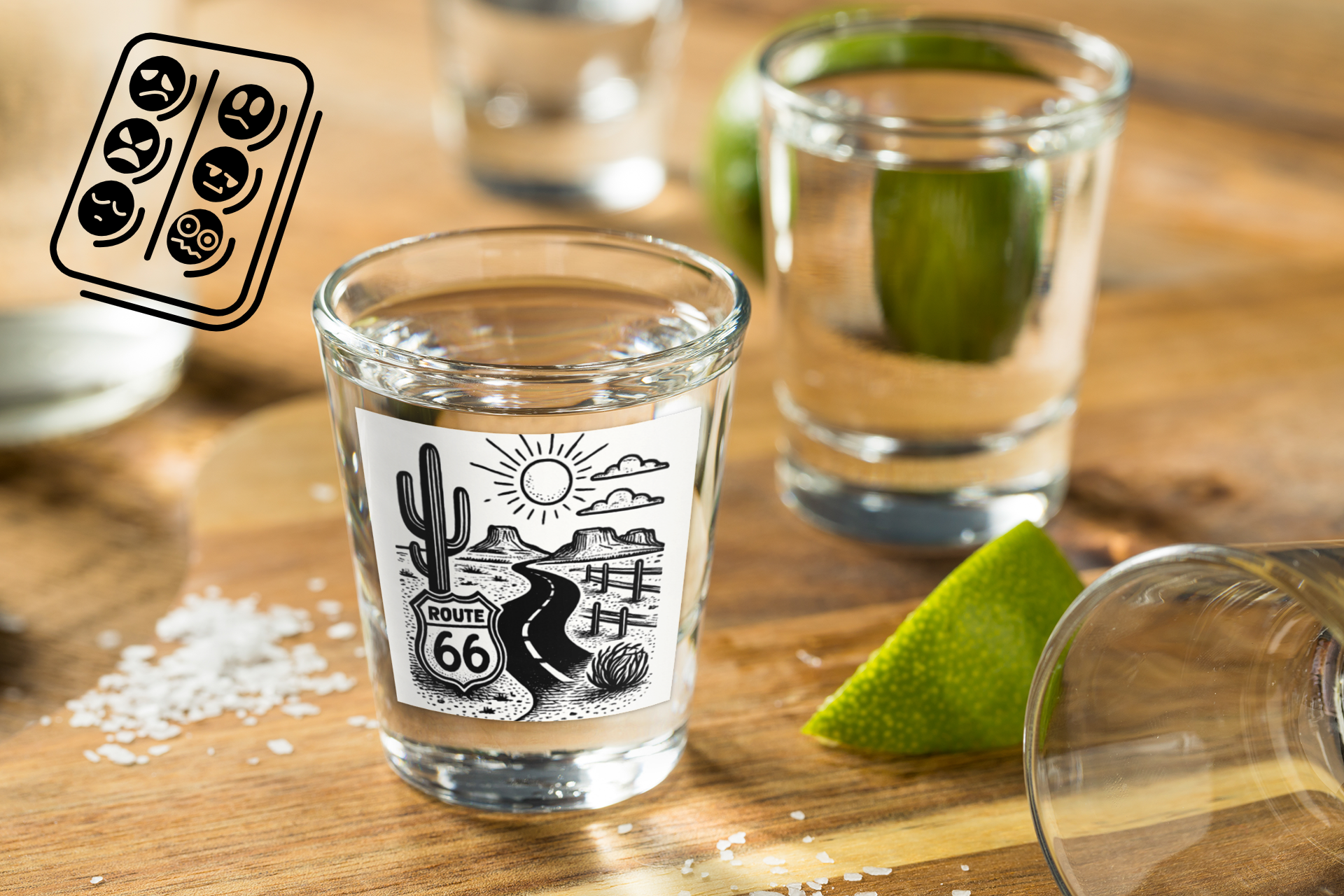 Route 66 shot glass on wooden table with lime and salt - Southwestern travel souvenir.