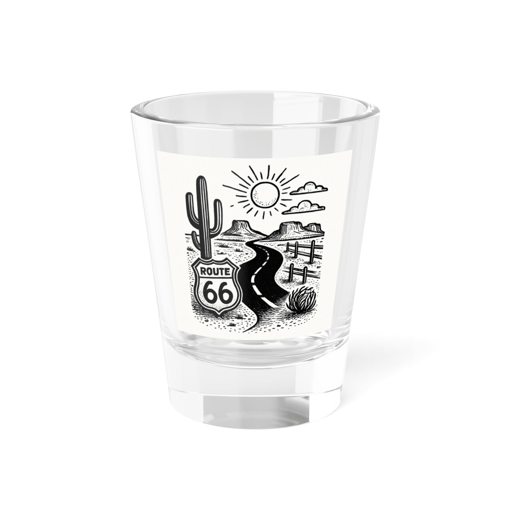 Route 66 shot glass with desert cactus and highway design - collectible barware souvenir.