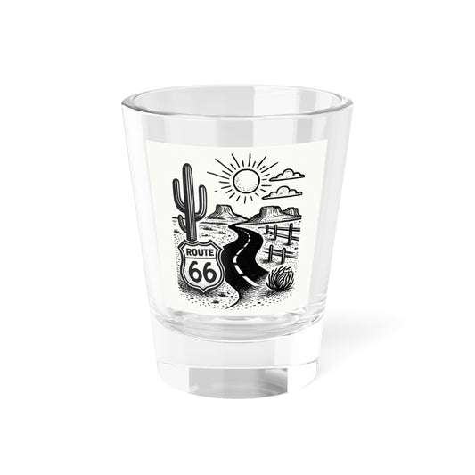 Route 66 shot glass with desert cactus and highway design - collectible barware souvenir.